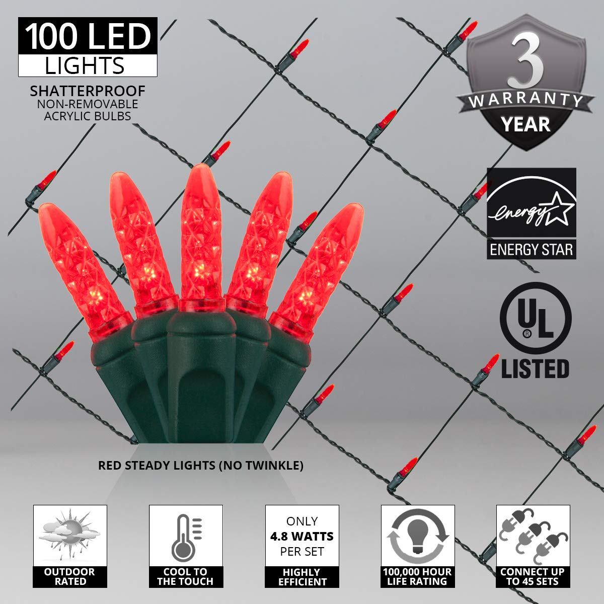 Wintergreen Outdoor Red LED Net Lights - 4x6 ft Christmas Decorative String Lights (100 LED, M5 Bulbs) for Holiday, Party & Garden Decorations