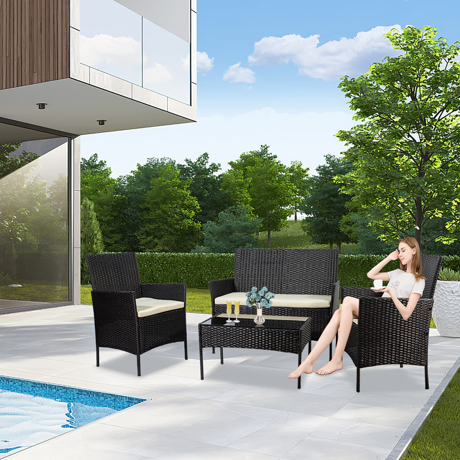 4-Piece Outdoor Patio Furniture Set - All-Weather Wicker Chairs with Cushions & Coffee Table - Black Rattan Conversation Set for Backyard, Porch, Garden, Poolside, Balcony (Indoor/Outdoor Use) - Perfect for Relaxing, Entertaining & Outdoor Dining