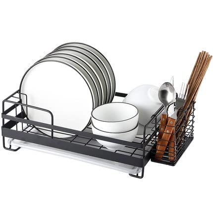 2 Tier Stainless Steel Dish Drainer Rack - Large Capacity Kitchen Sink Organizer with Removable Cutlery Holder | Space Saving Dish Drying Rack for Countertop | Perfect for Small Apartments, RVs & Compact Kitchens (Black)