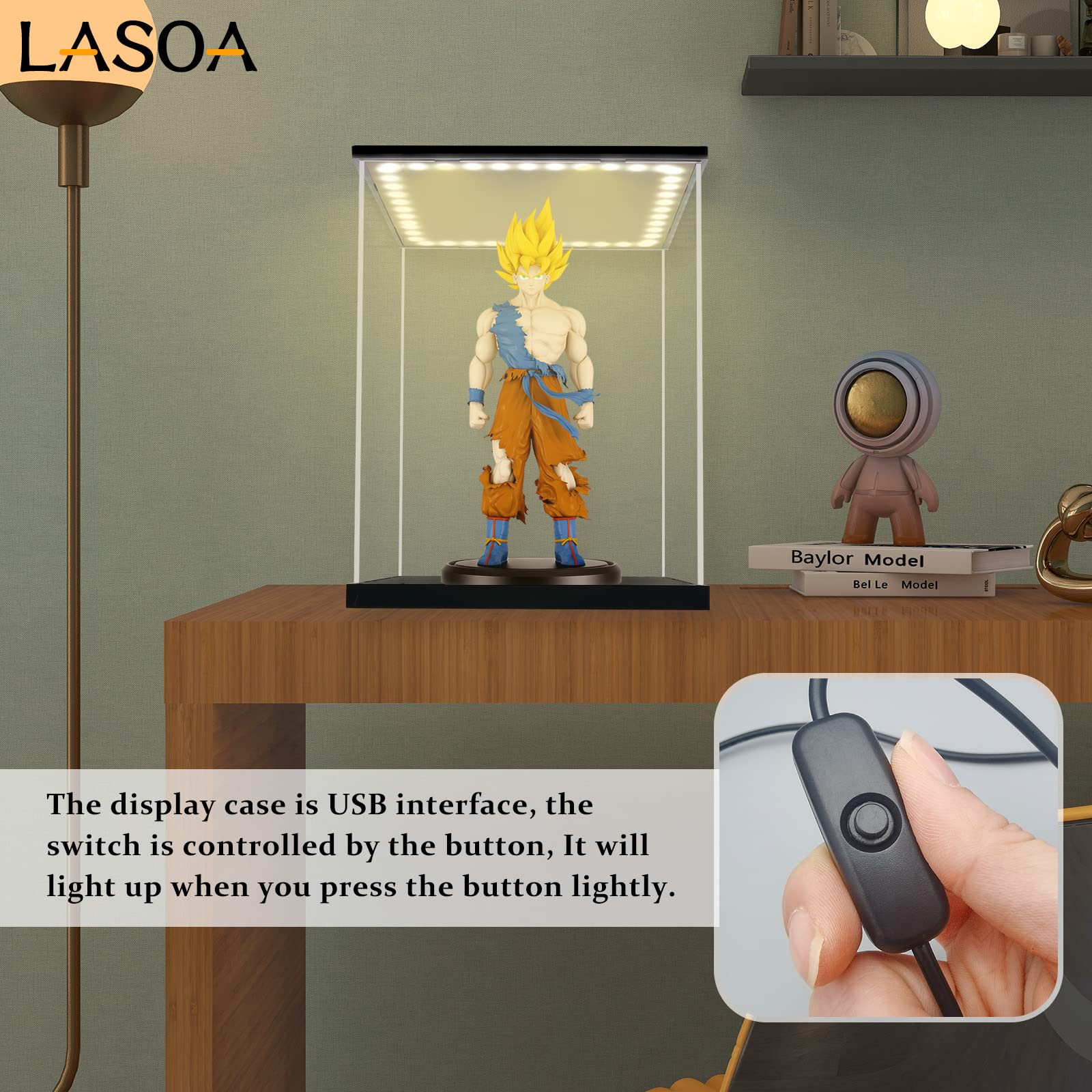 LASOA Acrylic Display Case with LED Light - 4x4x4 Inch Clear Collectible Showcase Box for Figurines, Memorabilia & Toys - Black Base & Lid, Easy Self-Assembly - Perfect for Home Decor, Office Display & Gift Packaging (10x10x10cm)