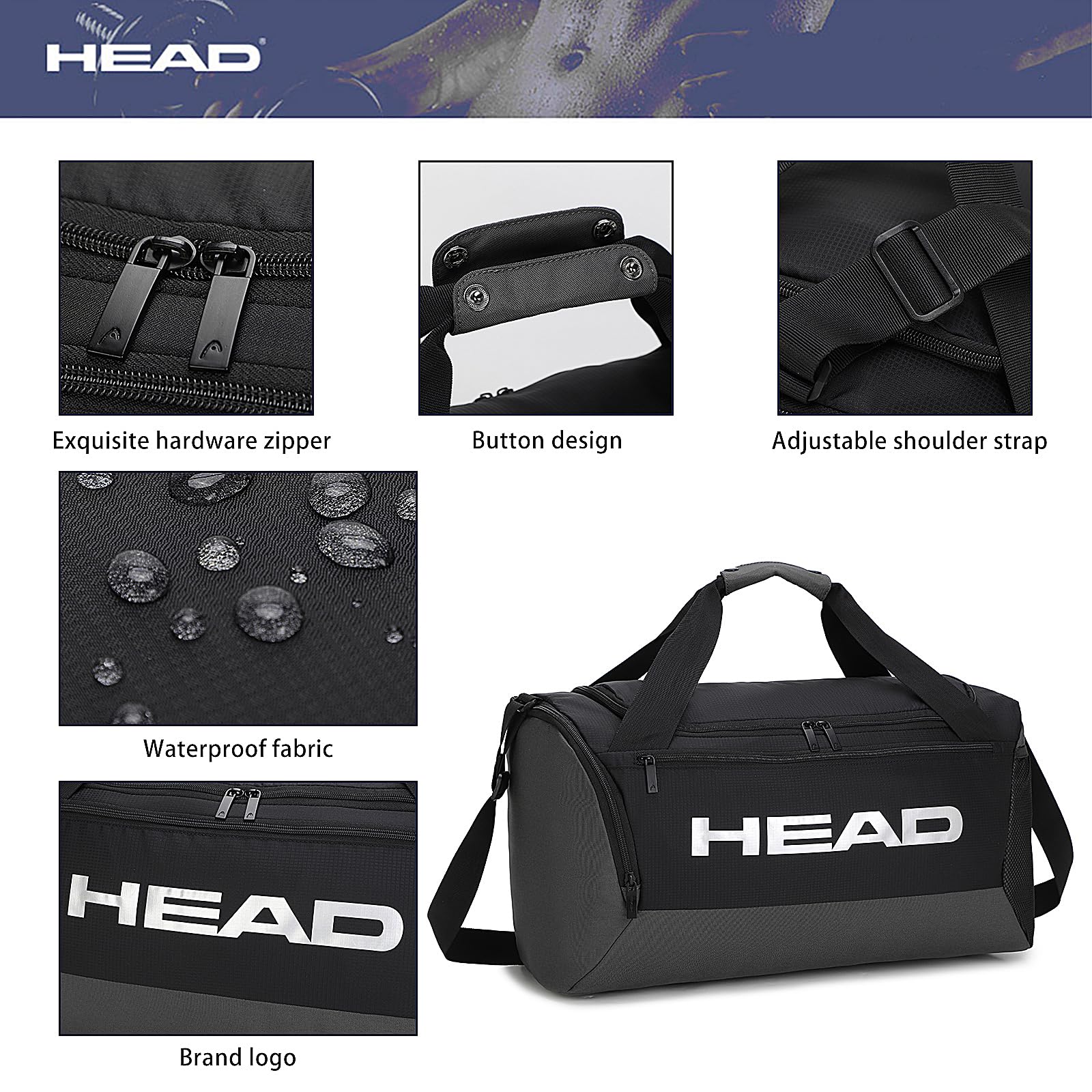 HEAD 45L Waterproof Tennis Duffel Bag for Men - Large Capacity Sports Gym Bag with Shoe Compartment - Lightweight Crossbody Duffle for Workout, Travel & Business - Perfect for Gym, Tennis, Weekend Trips & Overnight Stays