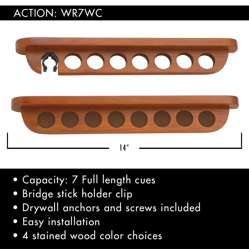 7-Piece Stained Wood Pool Cue Wall Rack with Secure Clip - Perfect for Billiards Room, Game Room, or Man Cave Decor