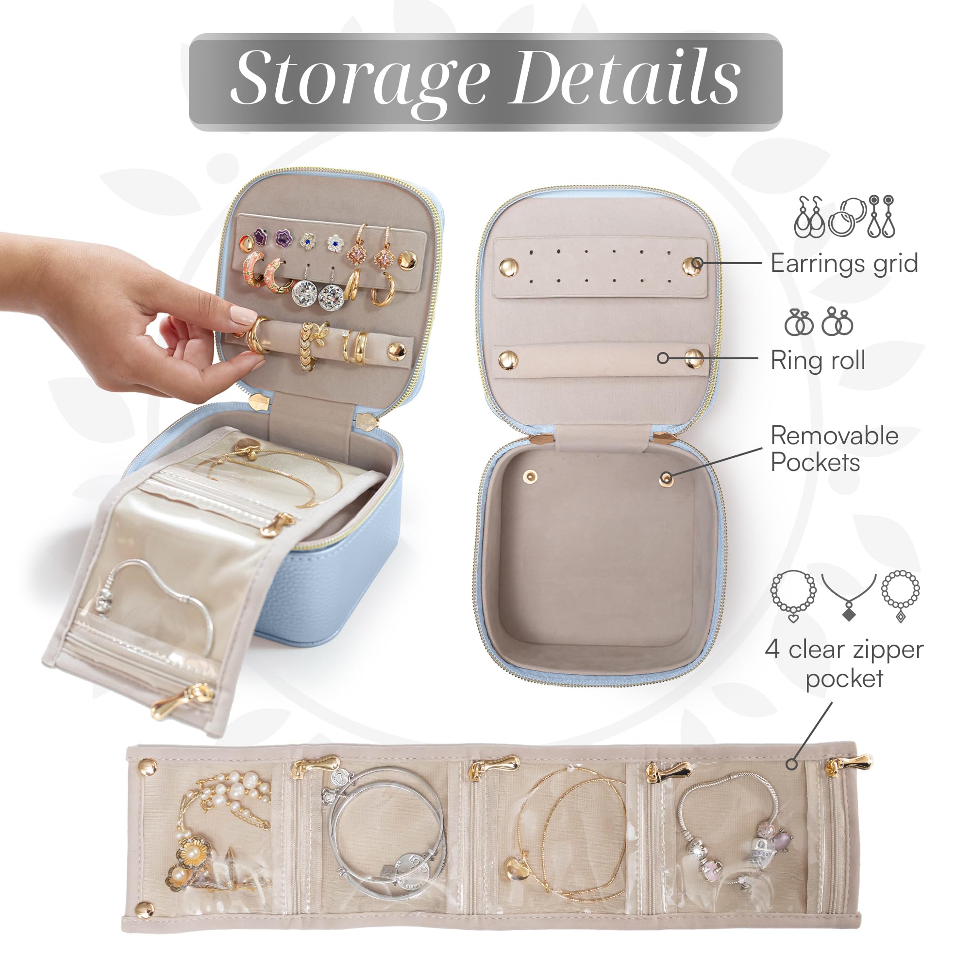 Premium Leather Travel Jewelry Organizer Case - Anti-Tangle Jewelry Storage Box for Women - Portable Jewelry Holder with Multiple Compartments - Perfect for Vacation, Business Trips & Daily Use (Sky Blue)