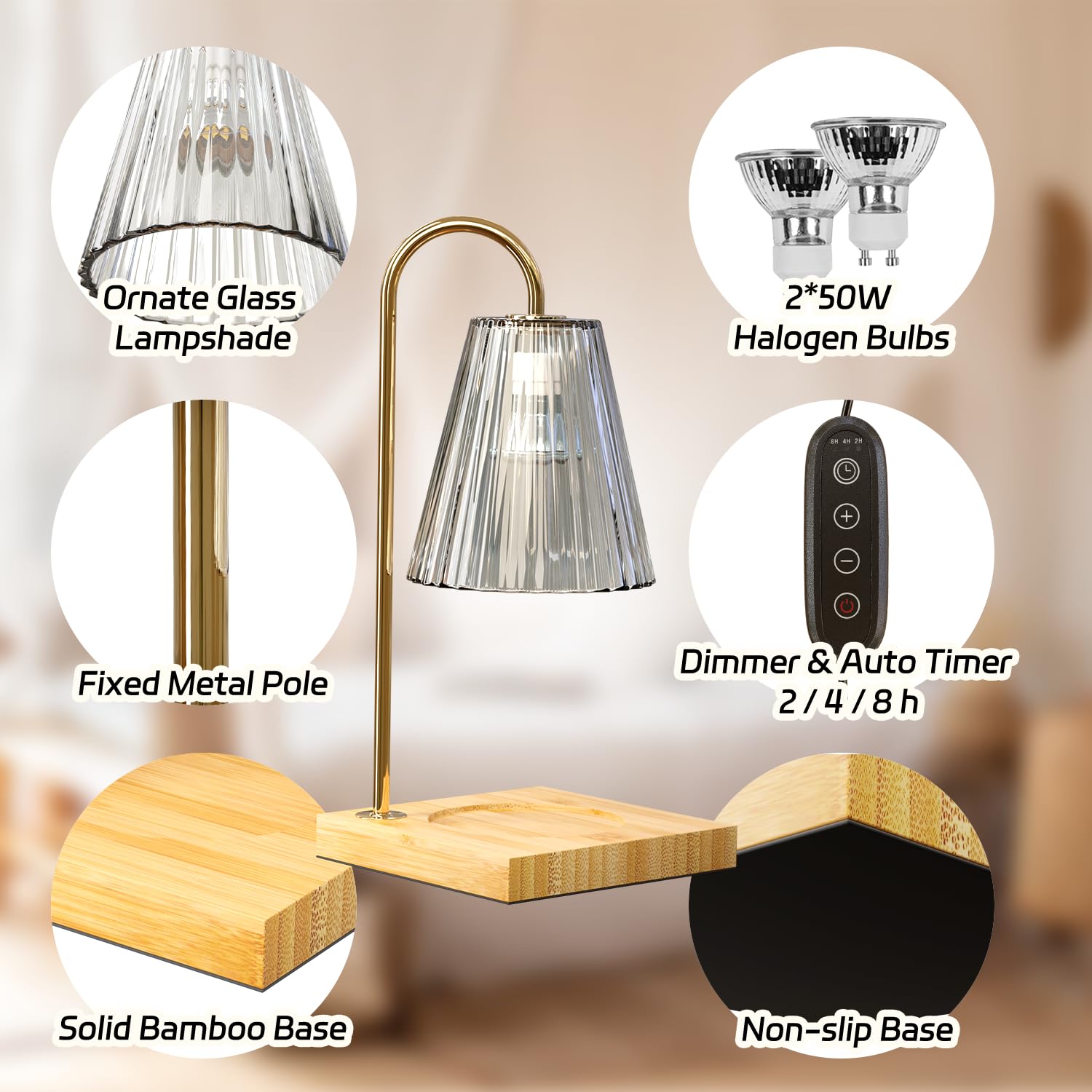 Dimmable Candle Warmer Lamp with Timer - 2 Bulbs & Bamboo Base for Jar Candles - Home Decor Gift for Women, Mothers Day, Birthday - Perfect for Living Room, Bedroom, Spa Relaxation