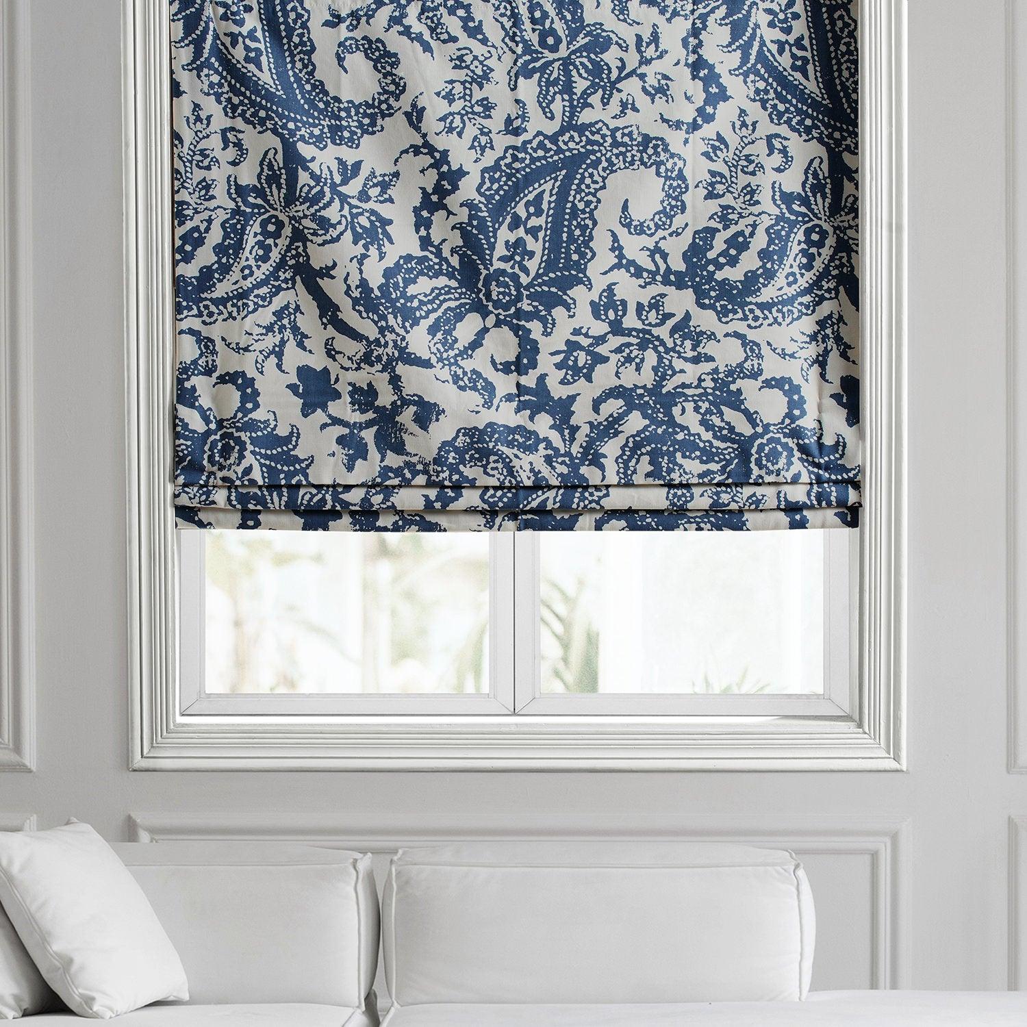 Edina Washed Blue Paisley Printed Cotton Roman Shade - Elegant Window Treatment for Living Room, Bedroom & Office Decor