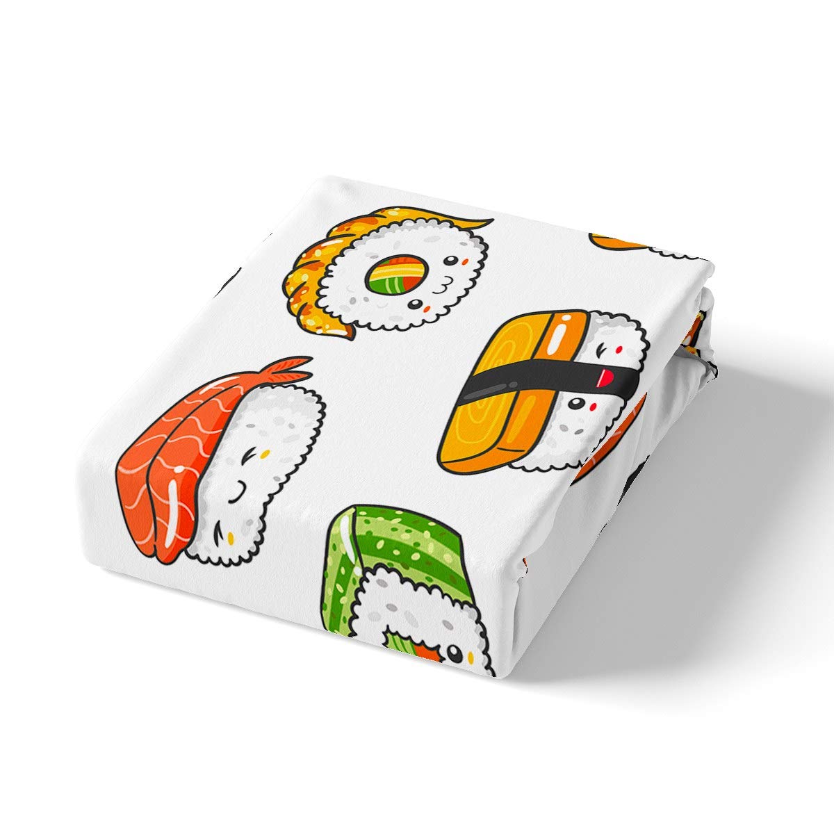 Japanese Sushi Pattern Queen Size Bedding Set - Cute Cartoon Microfiber Sheet & Pillowcase for Girls Teens Room Decor | Soft Kawaii Style Fitted Sheet (1 Fitted Sheet + 1 Pillow Case) - Perfect for Anime Themed Bedrooms & Sleepovers