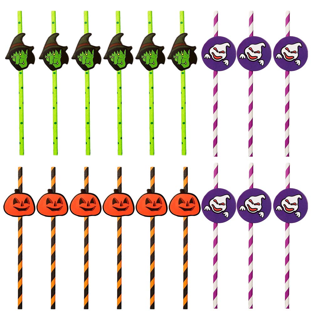 DOITOOL 75-Pack Halloween Paper Straws - Pumpkin, Purple Ghost, Witch Hat Designs - Eco-Friendly Beverage Decorations for Halloween Parties, Themed Events & DIY Crafts