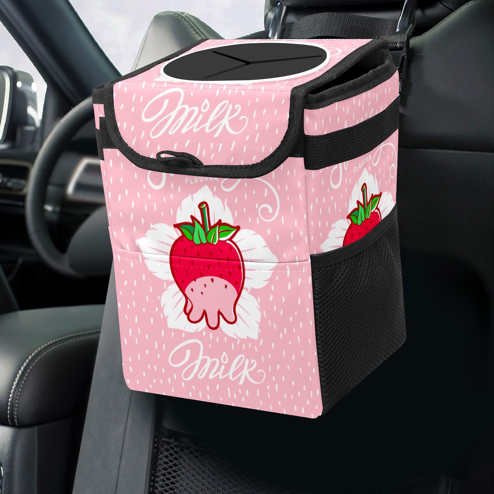 Collapsible Reusable Waterproof Car Trash Can with Lid - Strawberry Milk Design - Automotive Garbage Bin for Car, Truck & SUV - Perfect for Road Trips, Commuting & Keeping Your Vehicle Clean