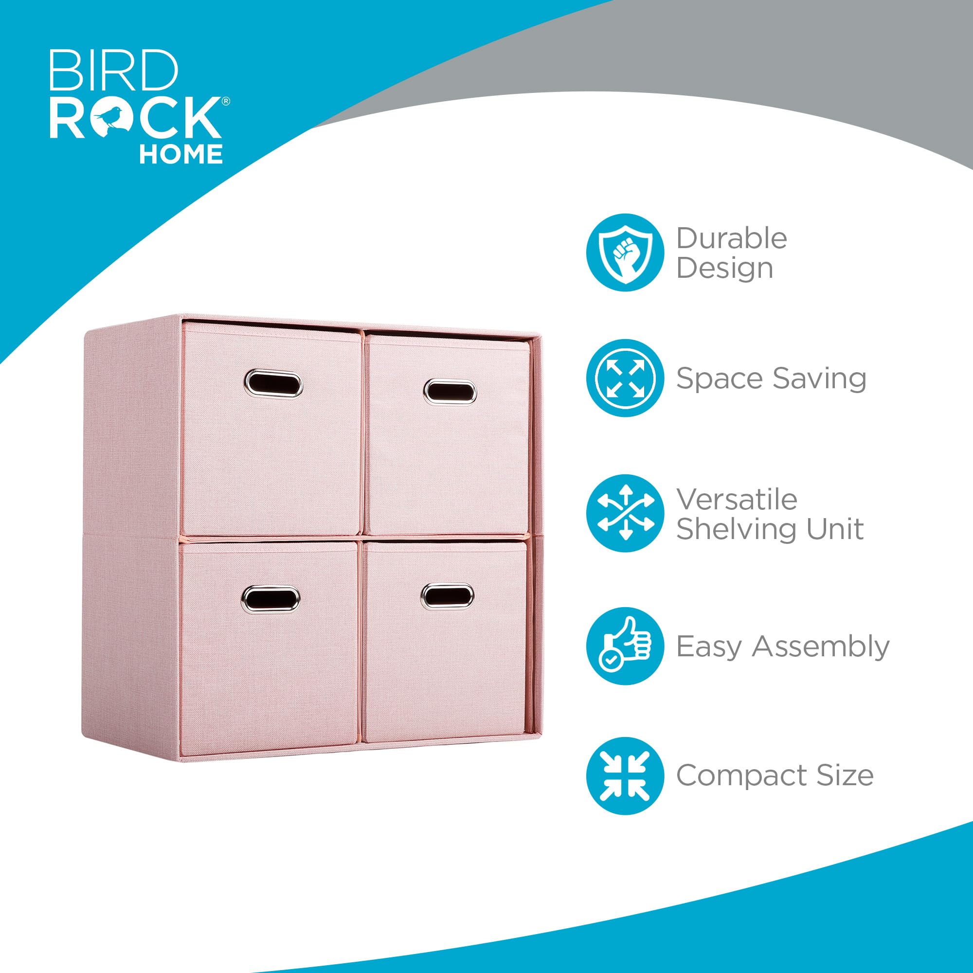 BIRDROCK HOME 4-Bin Linen Cube Organizer Shelf - Collapsible Storage Unit for Bedroom, Closet, Dorm | Space-Saving Shelving for Toys, Clothes, Towels | Durable Multi-Purpose Organizer (Blush) - Perfect for Small Spaces, Kids' Rooms & Home Organization