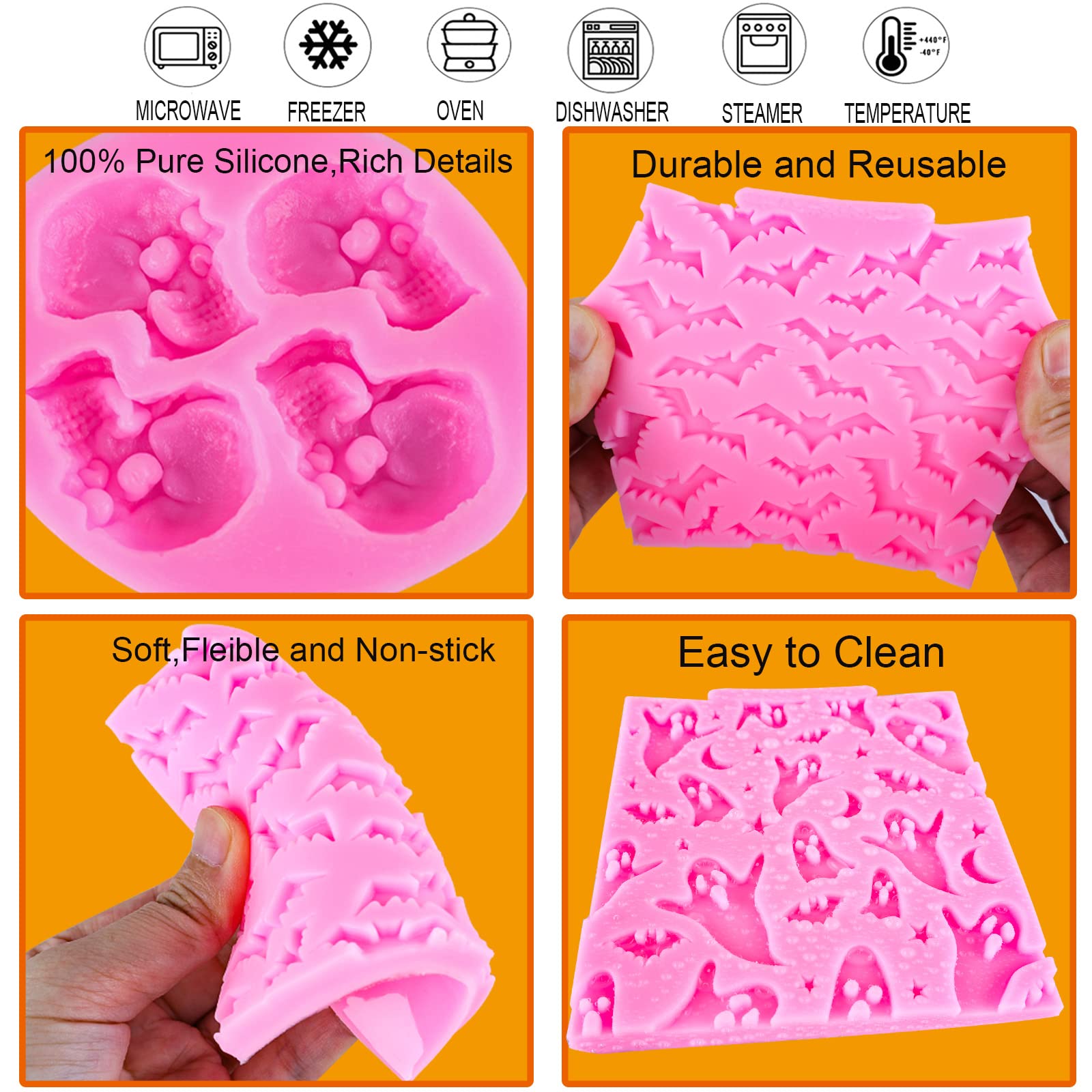 Halloween Silicone Molds for Fondant, Chocolate, Candy & Soap Making - Pumpkin, Ghost & Bat Shapes - Perfect for Cake Decorating, Cupcake Toppers & DIY Halloween Treats