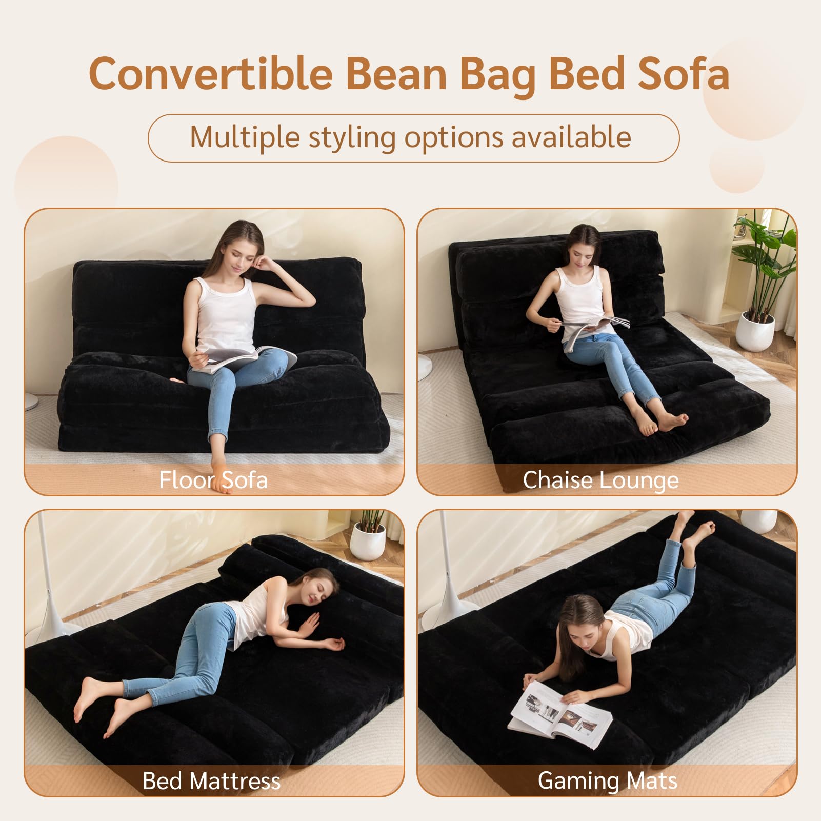 MAXYOYO Extra Wide Bean Bag Bed - Foldable Sofa Bed & Full Floor Mattress for Adults & Teens - Comfortable Lounger for Living Room, Bedroom, Dorm - Black (Home, Office, Camping)