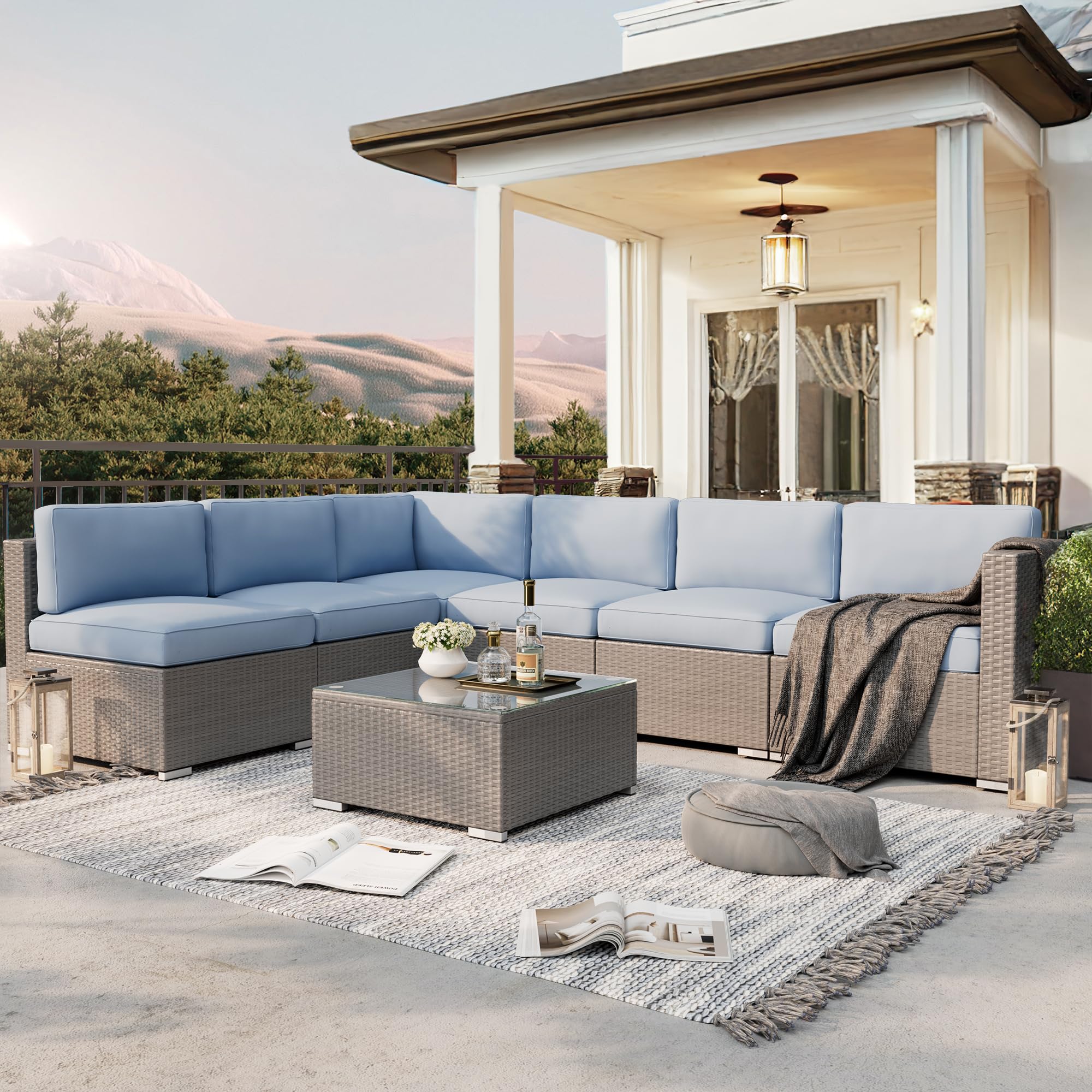 SUNCROWN 7-Piece Outdoor Patio Furniture Set - Grey Wicker Sectional Sofa with Coffee Table & Light Blue Cushions - Perfect for Backyard, Garden, Poolside & Patio Conversations