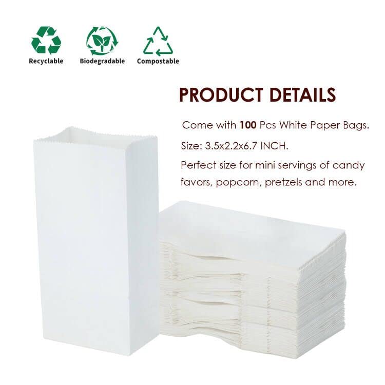 Kslong 100PCS Mini White Paper Bags - 3.5x2.2x6.7 Inch Small Kraft Paper Treat Bags for Candy, Snacks, Popcorn, Lunch & Party Favors | Bulk Food Packaging for Weddings, Baby Showers, Birthday Parties & Thank You Gifts