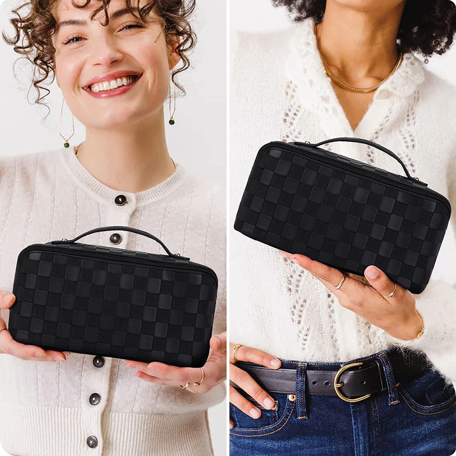 Large Capacity Checkered Leather Makeup Bag for Women - Travel Cosmetic Organizer, Portable Toiletry Bag with Flat Lay Design (Black Checkered Pattern) | Perfect for Air Travel, Gym, Weekend Getaways & Everyday Essentials Storage