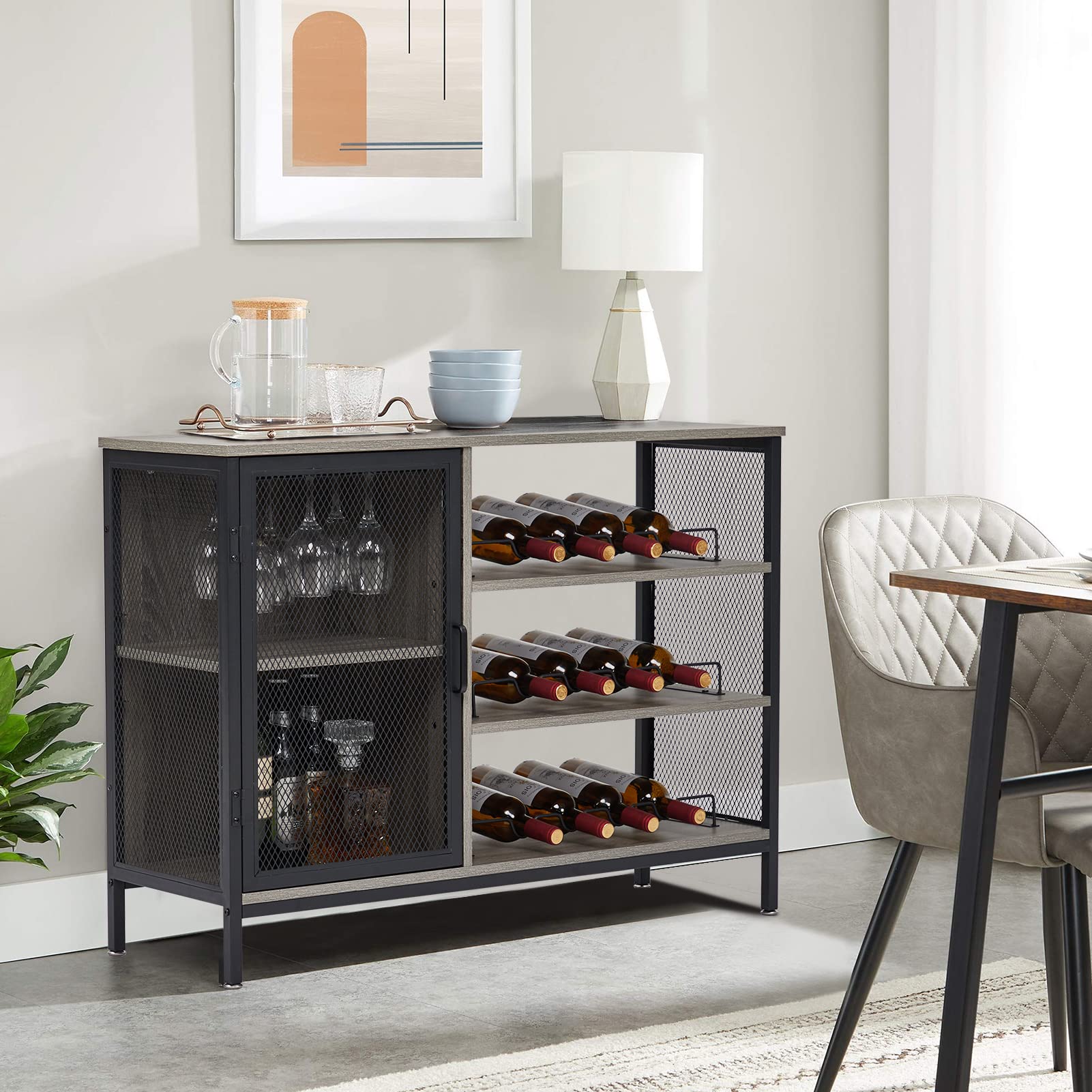 Modern Grey Bar Cabinet for Home - Wine & Liquor Storage with Removable Wine Rack, Glass Holder & Coffee Bar - Space-Saving Corner Cabinet for Living Room, Dining Room or Home Office