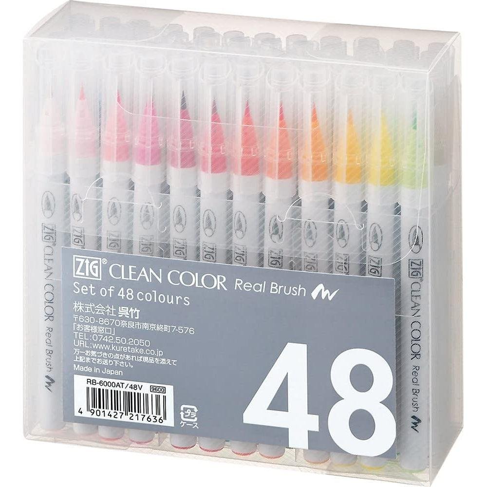 Kuretake ZIG Clean Color Real Brush Marker Set - 48 Vibrant Colors (RB 6000AT/48V) for Calligraphy, Illustration & Adult Coloring Books - Perfect for Artists, Designers & Craft Enthusiasts