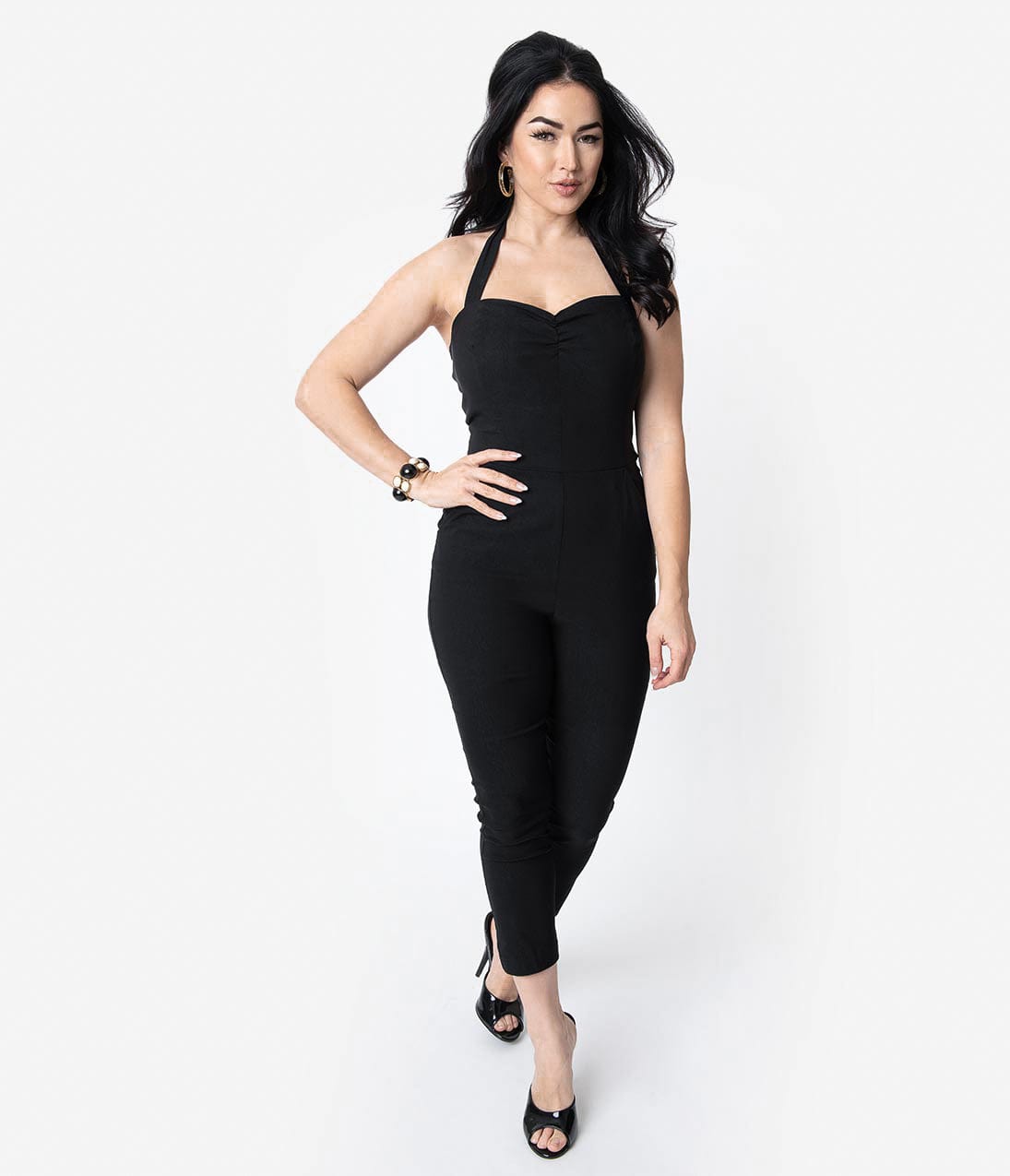 Vintage 1950s Black Halter Neck Marcel Jumpsuit - Retro Pin Up Style One Piece Romper for Women, Perfect for Cocktail Parties, Date Nights & Vintage Fashion Events