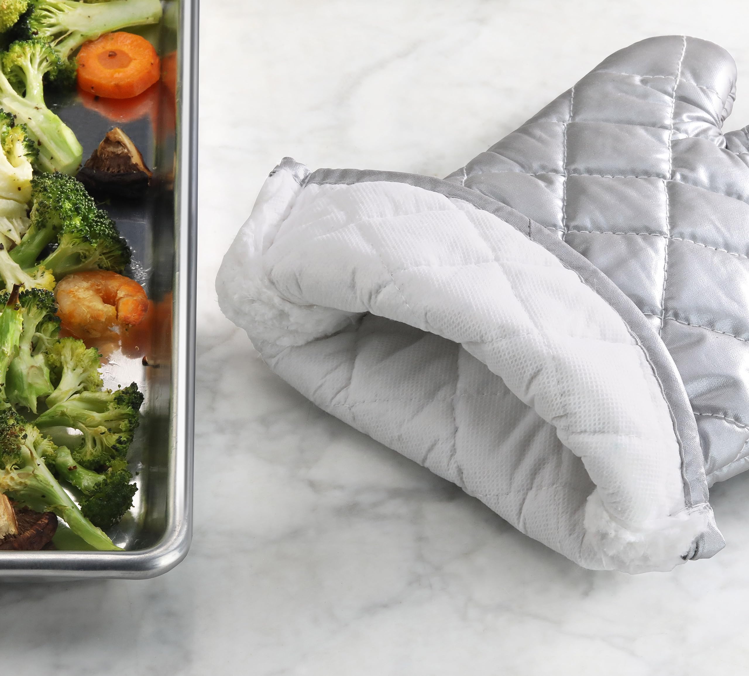 Premium Heat-Resistant Oven Mitts Set of 2 - 15-Inch Silver Interwoven Cloth & Silicone Gloves - Up to 400°F Protection for Baking, Grilling, Cooking - Ideal for Kitchen, BBQ & Food Service Use