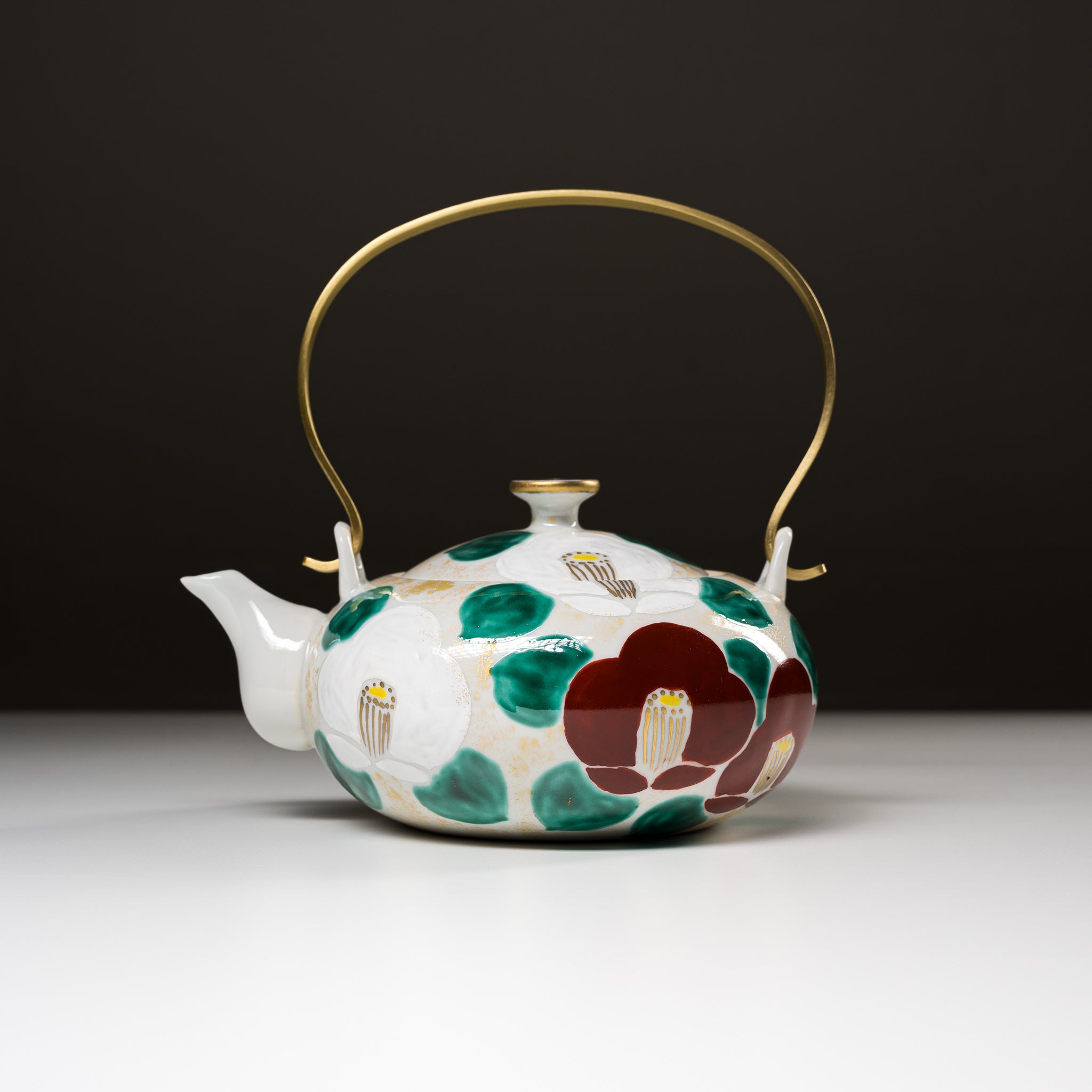 Handmade Kyoto Kiyomizu Ware Teapot - Camellia Red with Brass Handle | Authentic Japanese Ceramic Teapot for Tea Ceremony, Home Decor & Gift