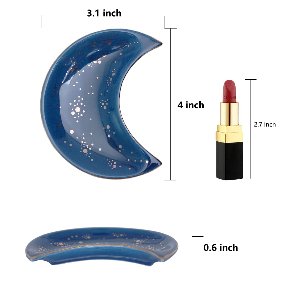 Soddeph Small Moon Ceramic Jewelry Tray - Elegant Decorative Trinket Dish & Ring Holder Plate for Bathroom, Nightstand, Vanity - Blue Ceramic Catchall Tray for Jewelry Organization & Home Decor (Perfect for Gifts, Wedding Favors & Bridesmaid Presents)
