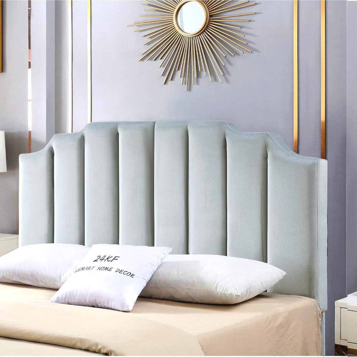 24K Gold Gray Velvet Upholstered Queen/Full Size Headboard - Tufted Channel Design with Curved Accents for Modern Bedroom Decor | Perfect for Master Bedrooms, Guest Rooms & Luxury Apartments