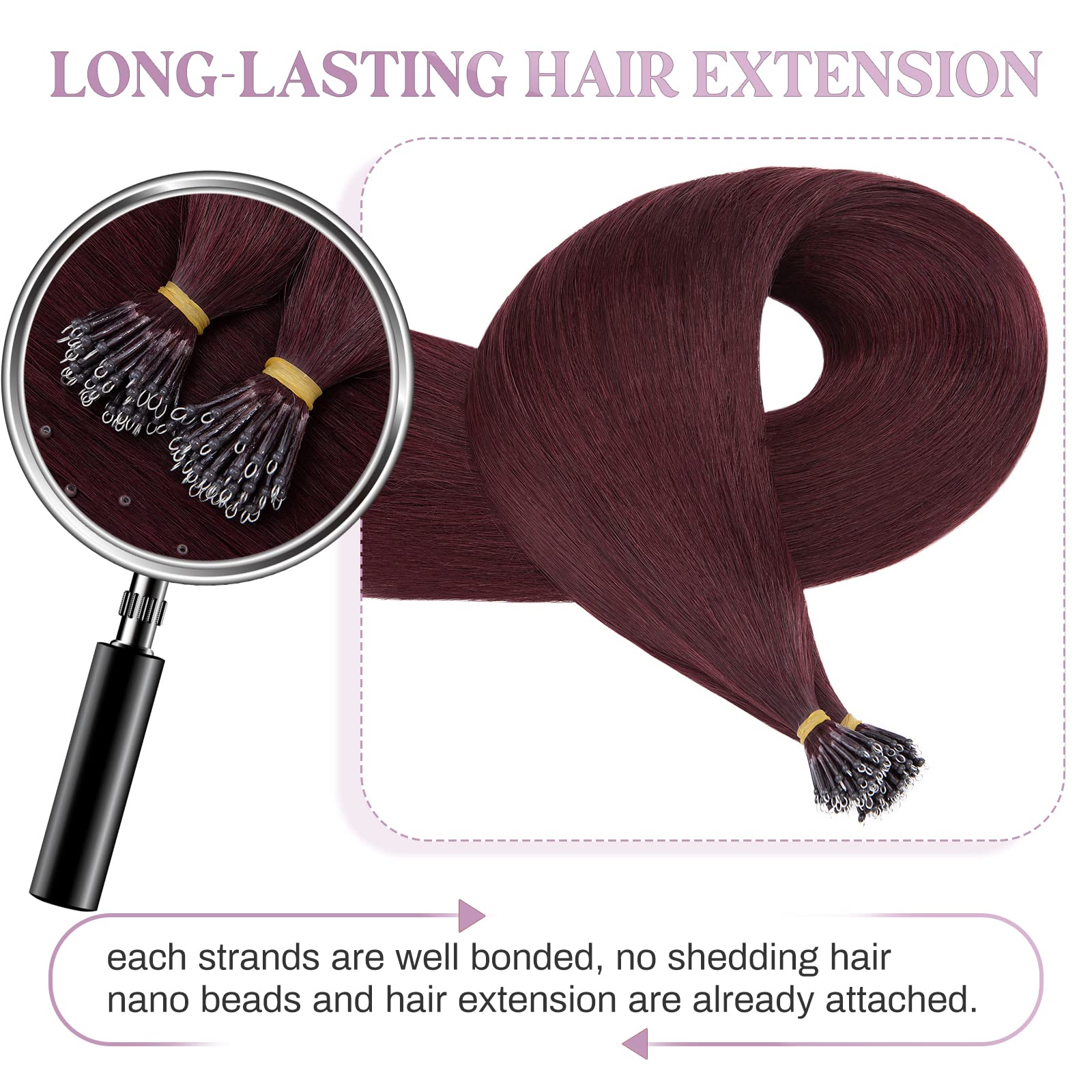 MY-LADY 22 Inch Nano Bead Hair Extensions - 50 Strands 50g Human Hair Invisible Nano Ring Extensions with Pre-Bonded Cold Fusion Natural Tips - #99J Wine Red - Perfect for Daily Wear, Parties & Special Occasions