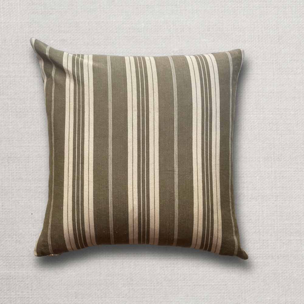 19th Century French Dusty Olive & White Ticking Pillow - Vintage Farmhouse Decor for Sofa, Bed & Home Staging (#116)