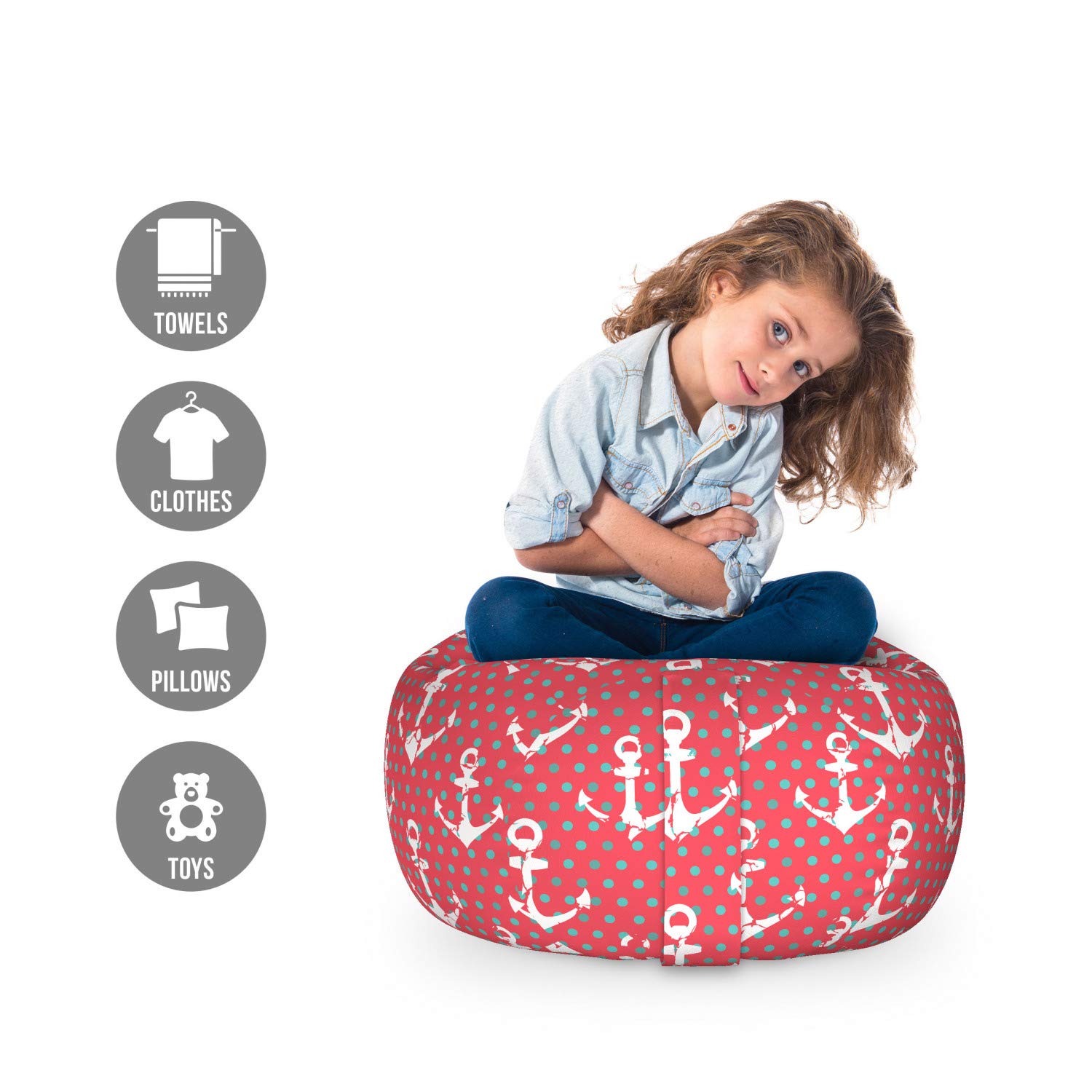 Ambesonne Nautical Toy Storage Bag Chair - Grunge Anchor with Polka Dots Pattern, Washable Stuffed Animal Organizer, Small Size Coral Dark Seafoam - Perfect for Kids' Room, Nursery, and Playroom Organization