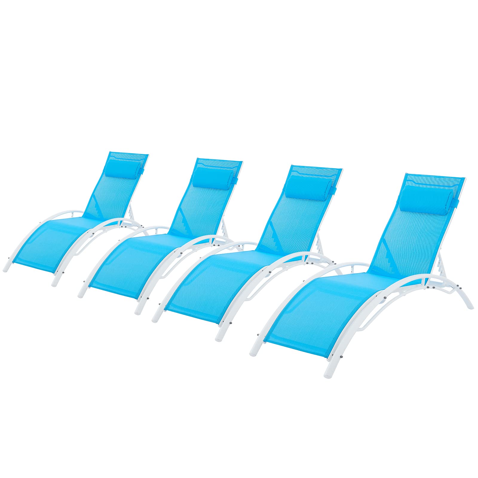 4-Piece Adjustable Reclining Lounge Chair Set with Pillows - All-Weather Outdoor Patio & Poolside Tanning Chairs in Blue - Perfect for Backyard Relaxation, Beach Lounging, and Sunbathing