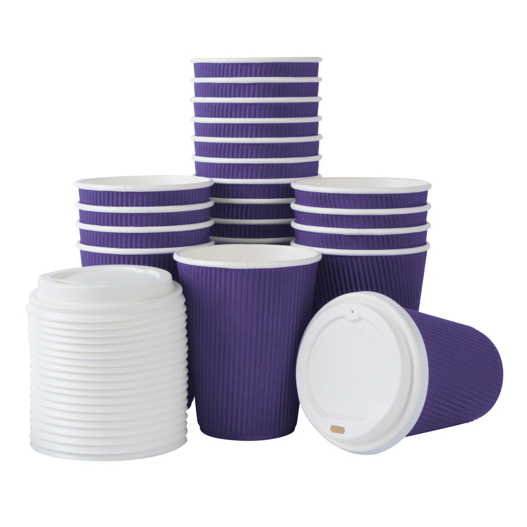 Royal Purple 12 oz Ripple Wall Coffee Cups with White Lids - 20 Count Bulk Pack (3.5