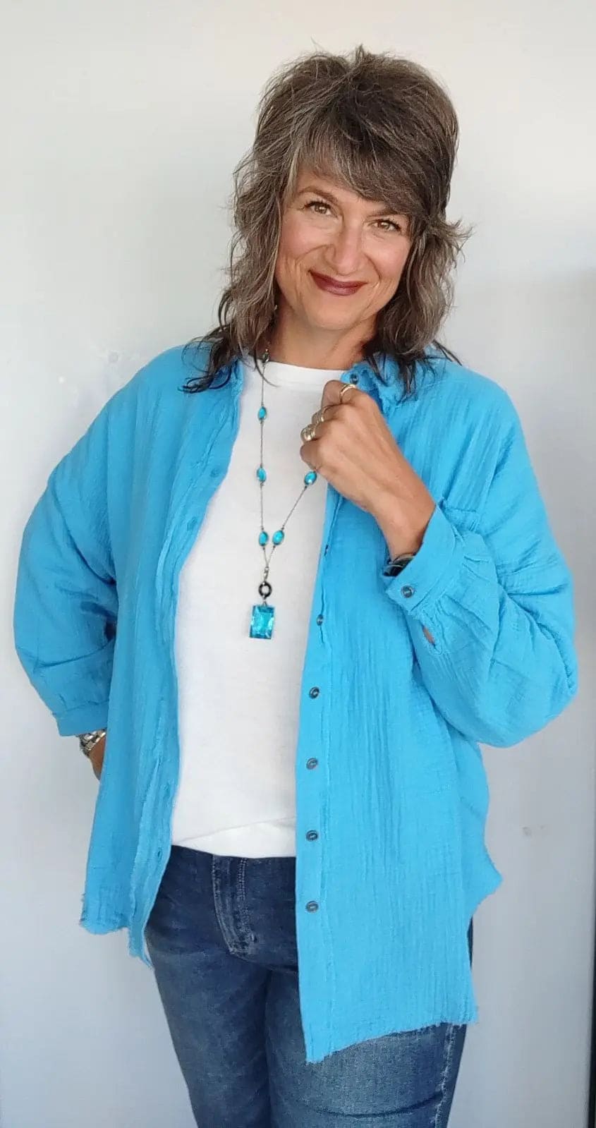 Deep Sky Raw Hem Shirt Top - Women's Casual Boho Chic Blouse for Summer Outfits & Beach Vacations
