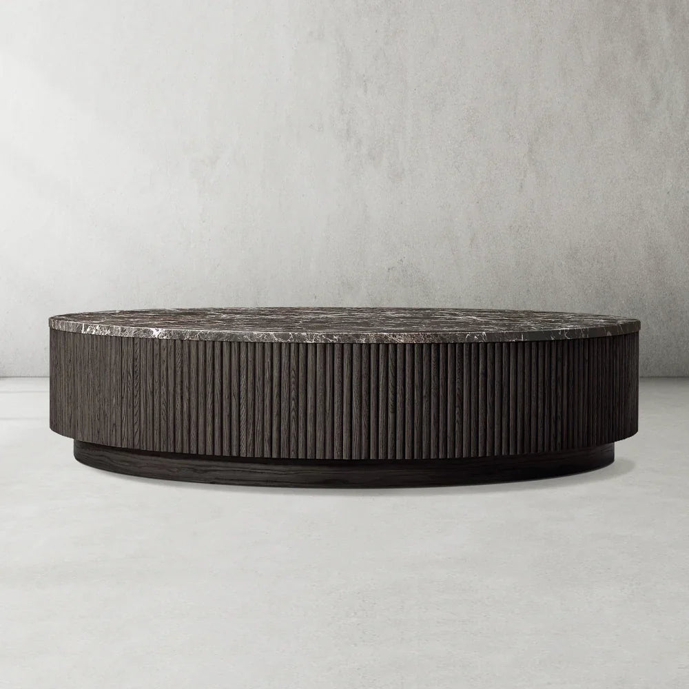Mulholland Solid Oak Wood & Natural Stone Round Coffee Table - Modern Living Room Centerpiece for Home Decor