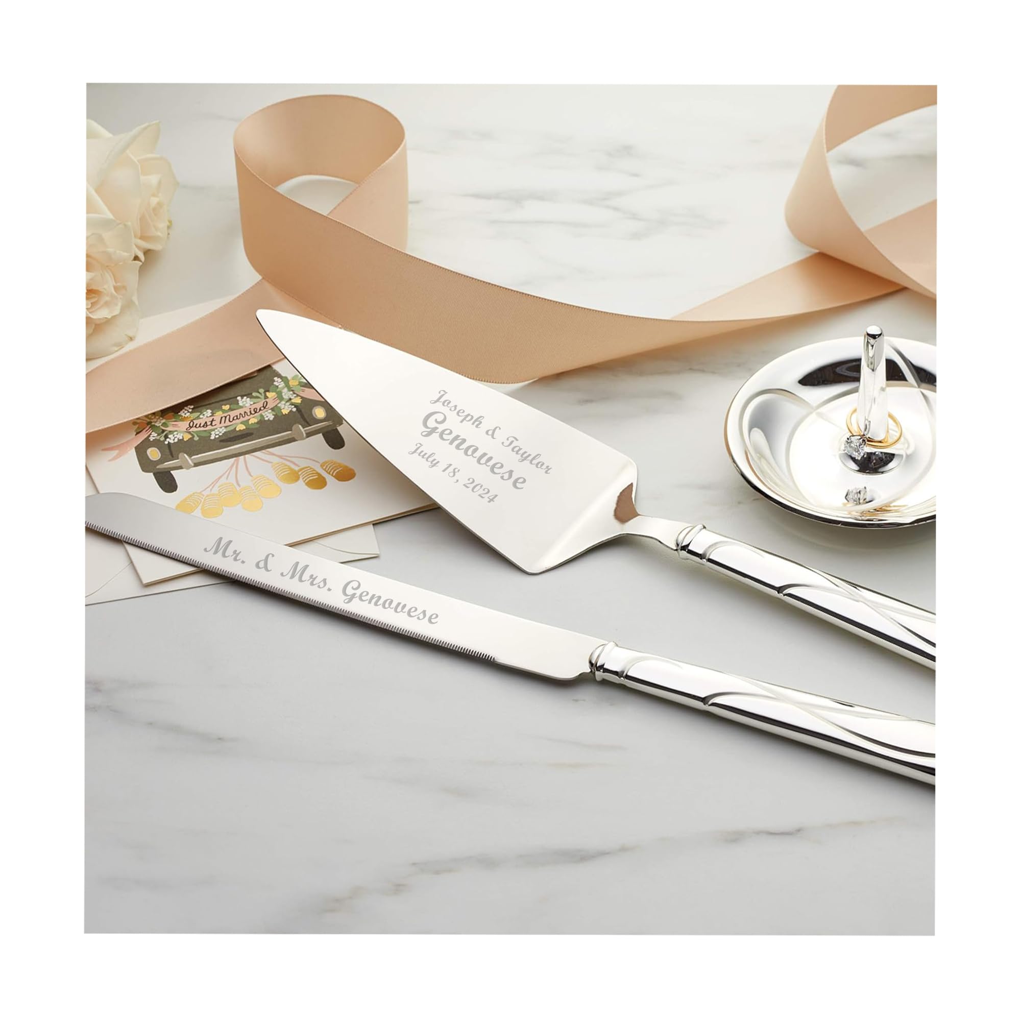 Lenox Bridal Adorn Silver Personalized Wedding Cake Cutting Set - Custom Engraved Cake Knife & Server for Bride & Groom - Perfect for Wedding Ceremonies, Anniversaries & Special Occasions