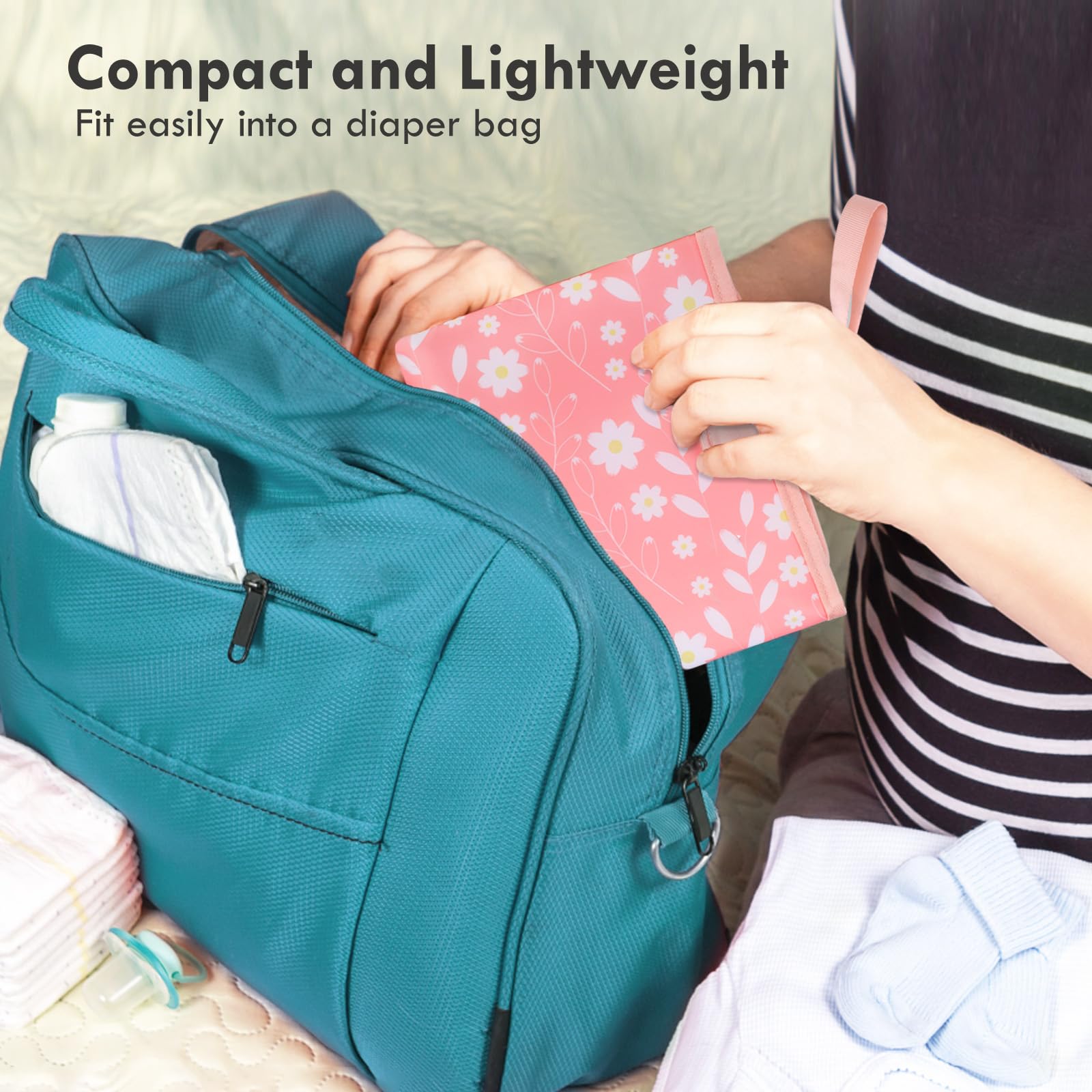 Portable Waterproof Baby Diaper Changing Pad - Compact Travel Changing Mat with Wrist Strap - Wipeable & Lightweight for Diaper Bags (Pink Floral Design) - Perfect for On-the-Go Parents, Air Travel & Outdoor Activities