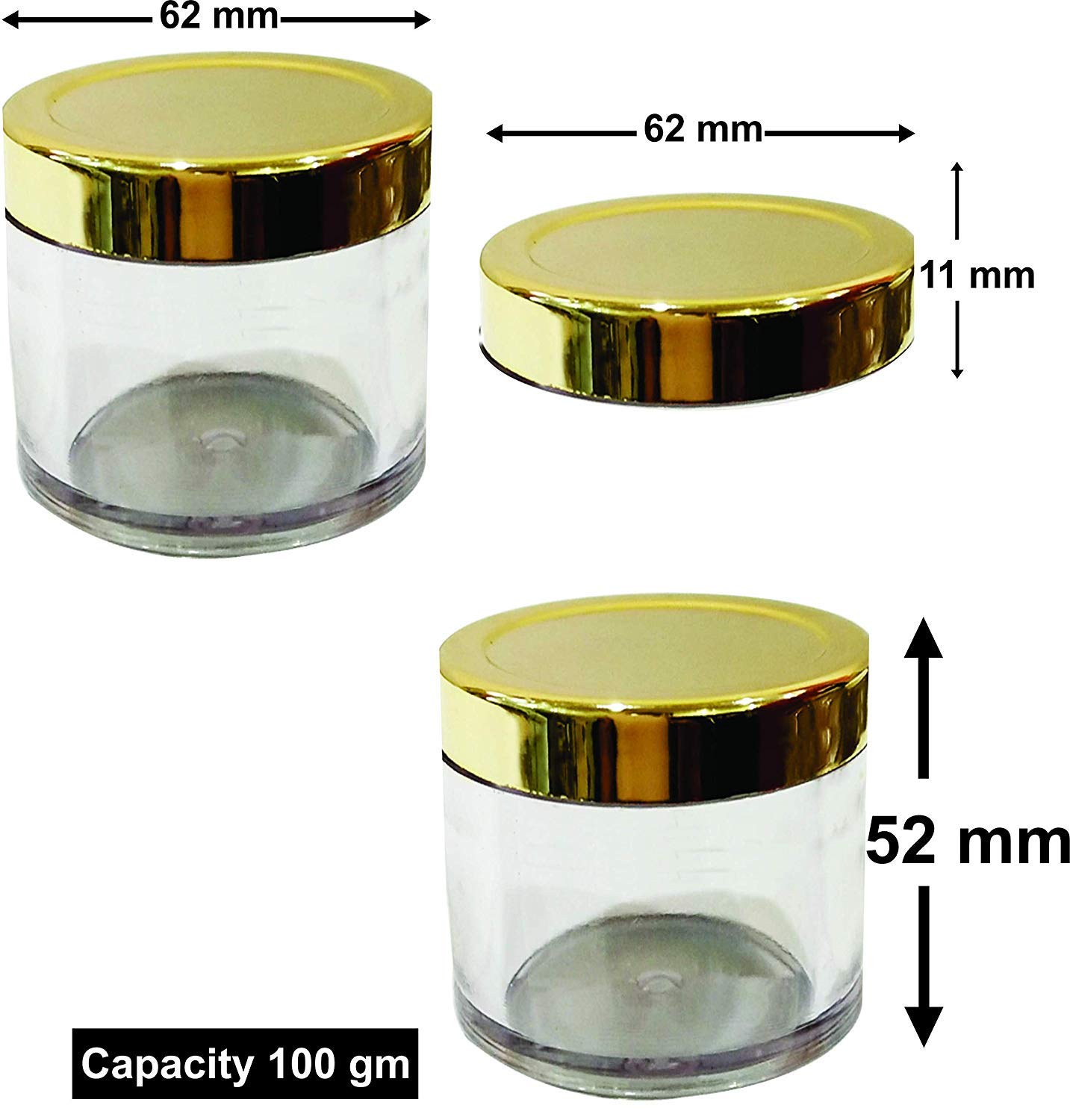 Dinemart 4-Piece 100GM Empty Cosmetic Jars with Golden Lids & White Inner Lids - Perfect for Lip Balm, Body Butter & DIY Skincare - Clear Plastic Containers for Home Beauty & Crafting (Set of 4)