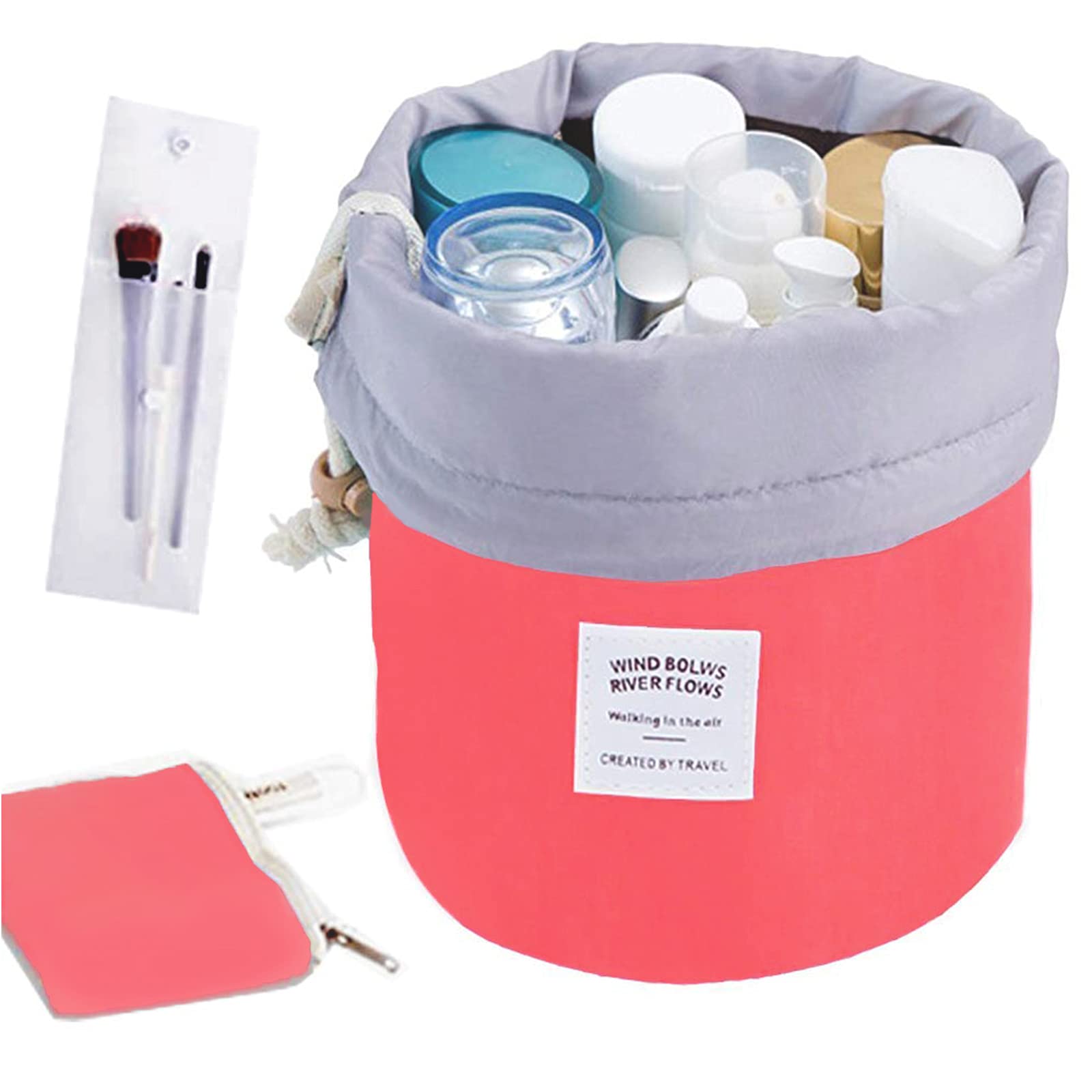 INVODA Large Waterproof Travel Makeup Bag for Women - Barrel Shaped Cosmetic Organizer with Drawstring, Soft Portable Toiletry Bag for Makeup Brushes & Essentials (Red) - Perfect for Vacation, Gym & Daily Use