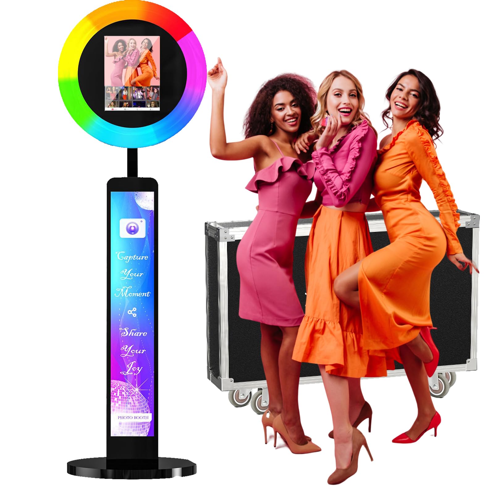 Portable iPad Photo Booth Stand for 10.2'' 10.9'' 11'' 12.9'' iPad Models - Selfie Photo Booth Machine with APP Control, Ring Light & Custom Logo - Includes Flight Case & Light Box (Black) - Perfect for Events, Weddings, Parties & Social Media Content Creation