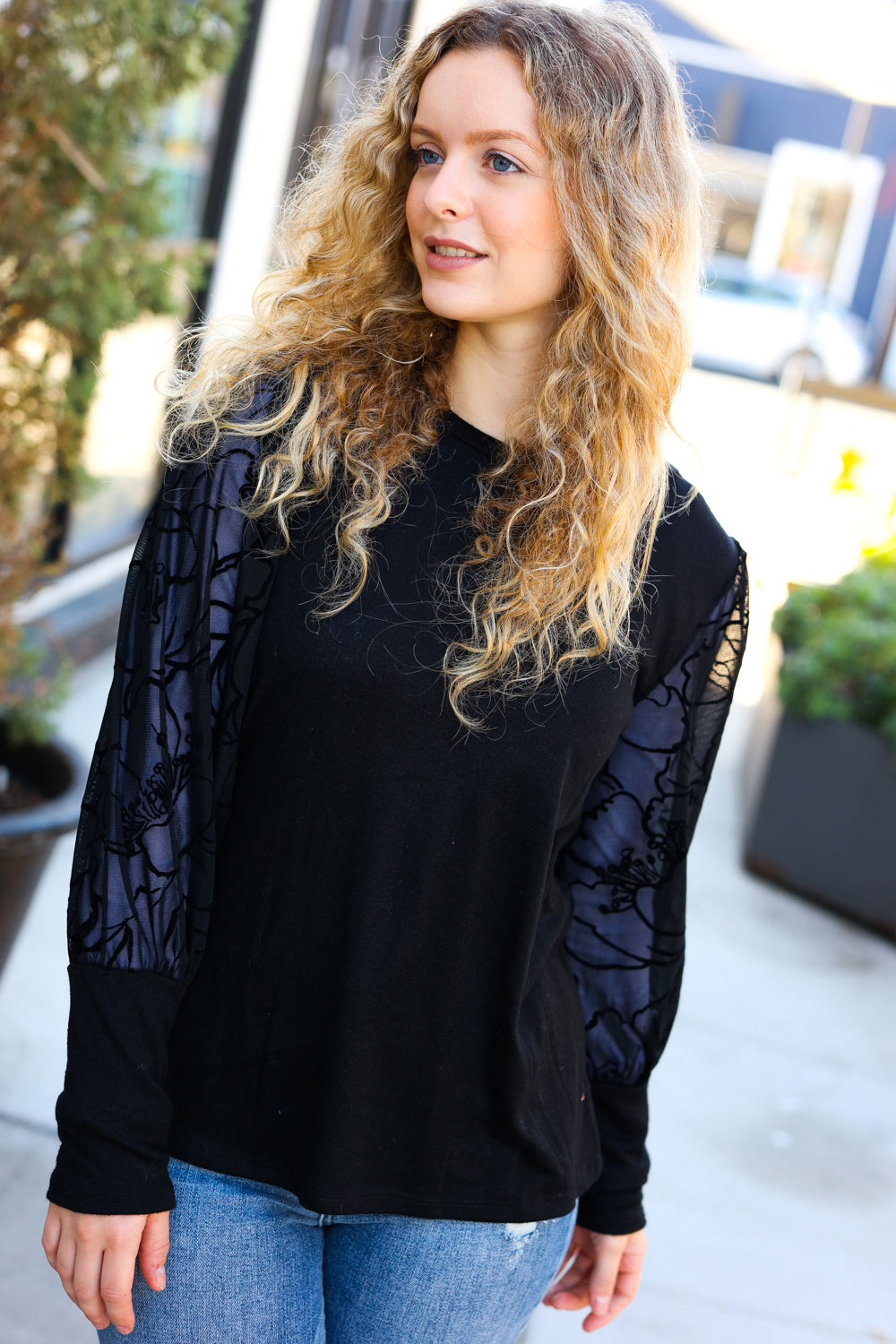 Black Floral Mesh Bubble Sleeve Top for Women - Elegant Blouse for Party, Date Night & Special Occasions