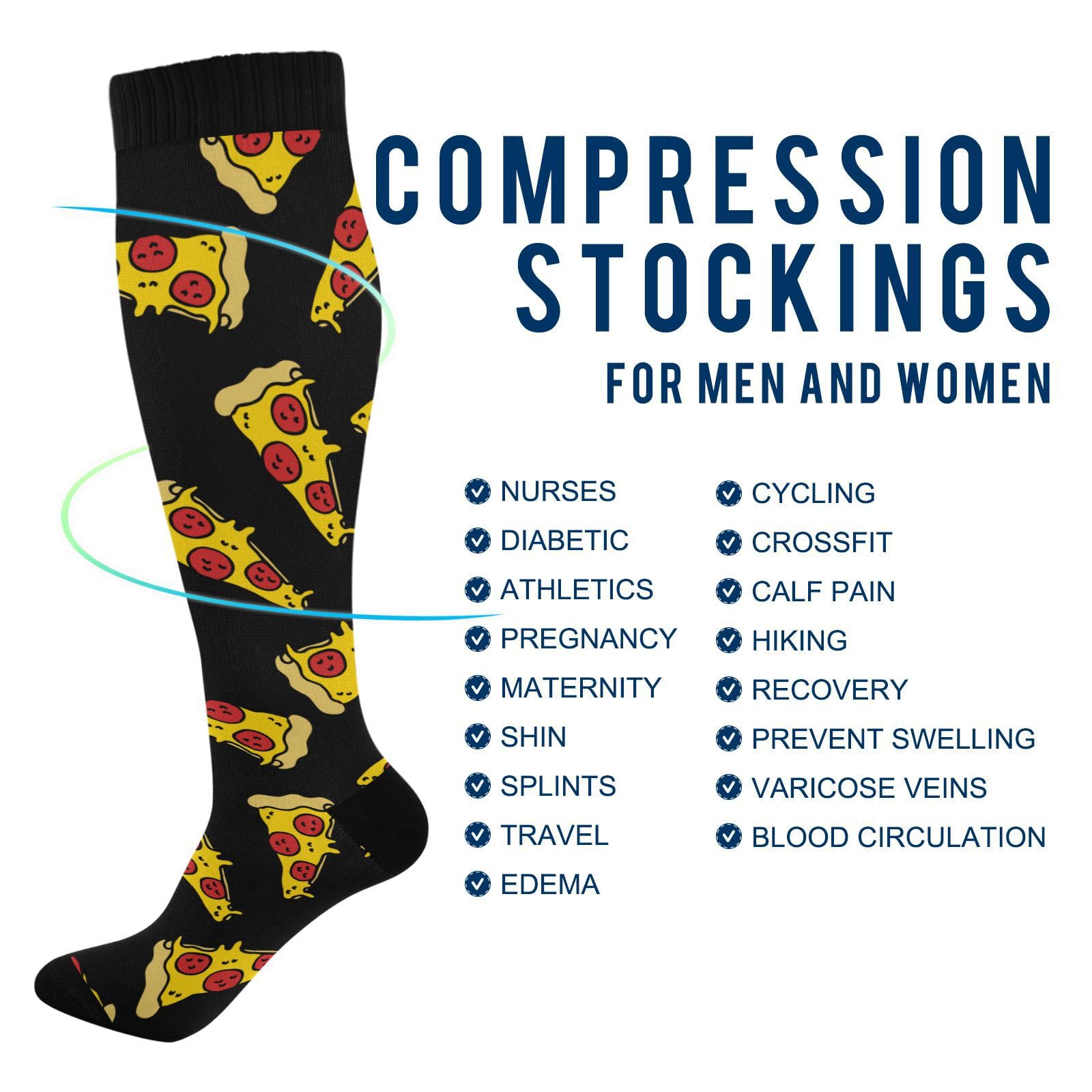 JUNZAN Pizza Doodle Pattern Knee High Compression Socks for Men & Kids - Black Athletic Socks for Running, Sports, Nursing - Perfect for Workouts, Hospital Shifts & Casual Wear
