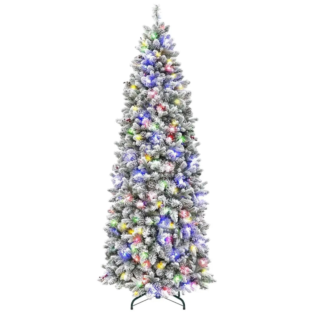 6.5'/7.5' Pre-Lit Snow Flocked Slim Artificial Christmas Tree with 11-Color LED Lights, Pine Cones & Berries - Hinged PE/PVC Branches & Metal Stand for Holiday Home Decor, Office & Party Decoration