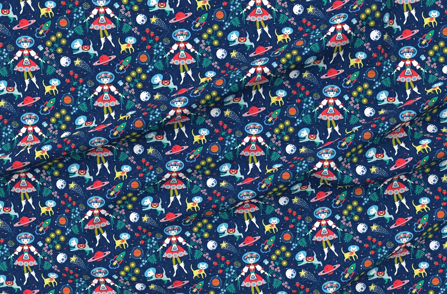 Folk Art Scandinavian Space Dogs Cat Planets Moon Print Velvet Upholstery Fabric by The Yard - Home Decor, Apparel & DIY Projects | Perfect for Curtains, Pillows, Sofas & Crafting
