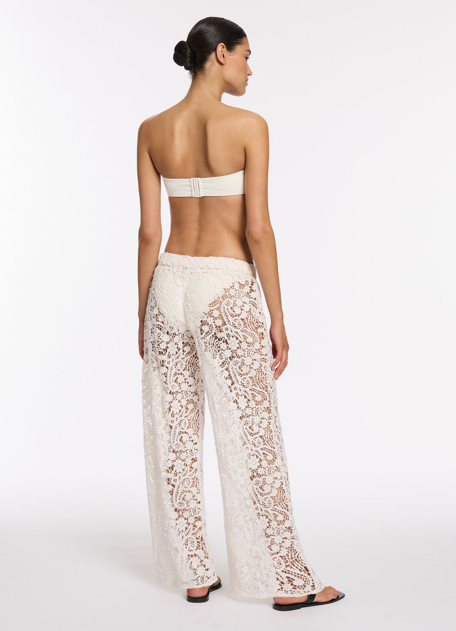 Velana Lace Wide Leg Pants for Women - Soft Cream High Waisted Palazzo Trousers - Elegant Boho Chic Lounge Pants for Casual Wear, Office, and Special Occasions