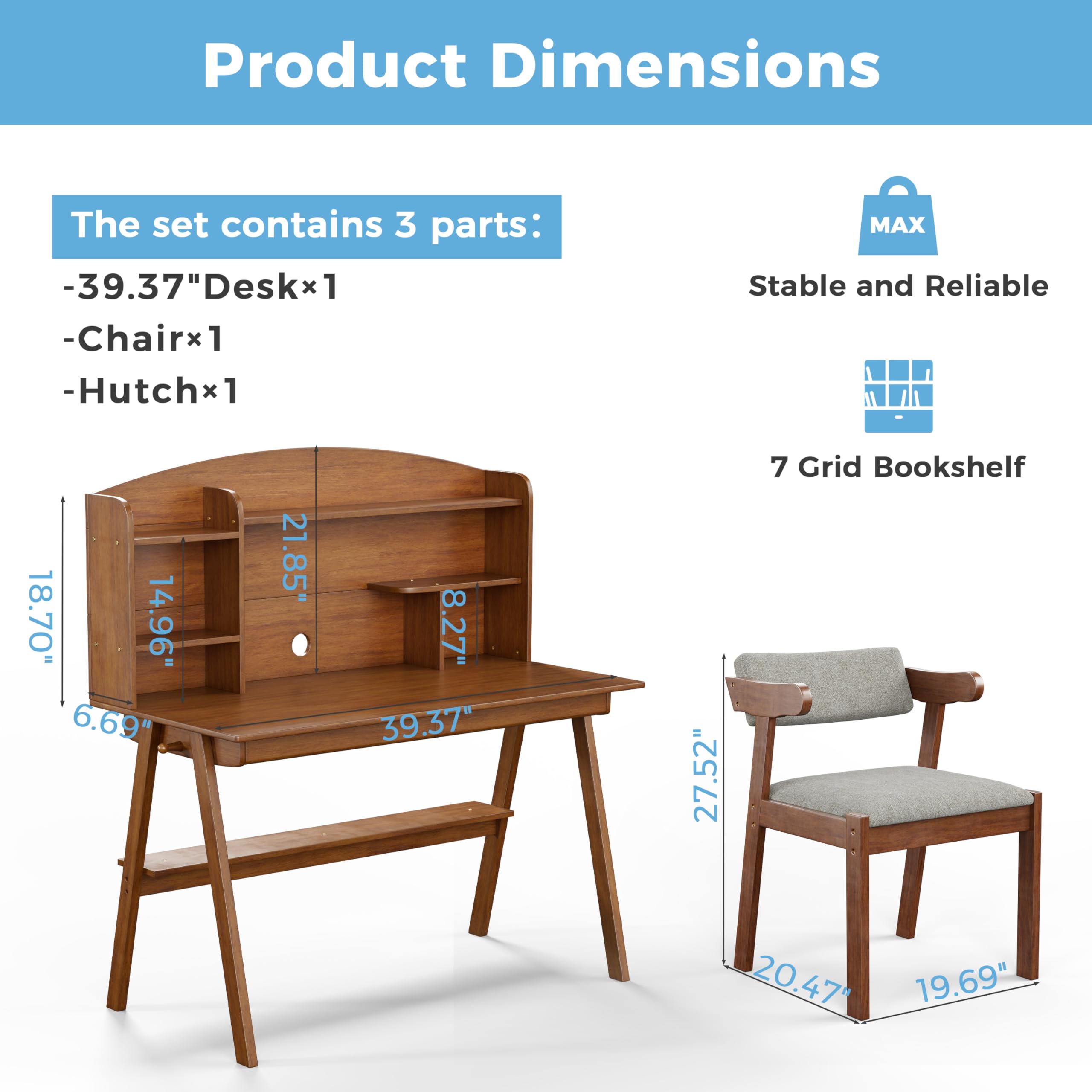 DELAVIN 39.37 Inch Solid Wood Kids Desk and Chair Set - Adjustable Study Computer Desk with Storage Drawers & Hutch - Children's Wooden Student Writing Art Table for Bedroom, Study Room, Home Schooling - Features Cable Management Hole in Walnut Finish - Perfect for Online Learning & Homework Station