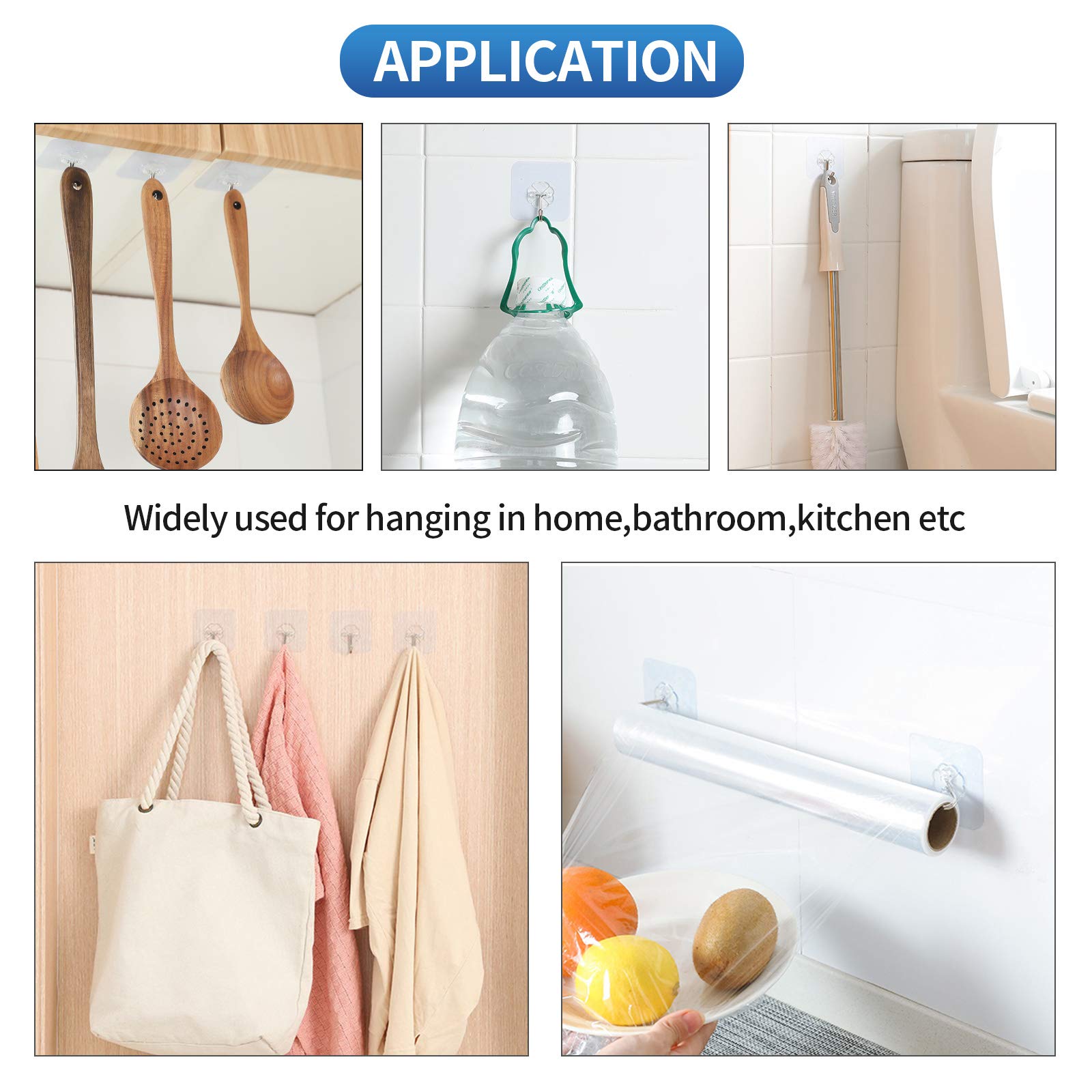 Premium Adhesive Hooks - Heavy Duty 13lb Max Transparent Reusable Wall Hooks with Stainless Steel for Kitchen, Bathroom, Office & Window - 10 Pack - Perfect for Hanging Towels, Utensils, Decor & Organizing Small Items