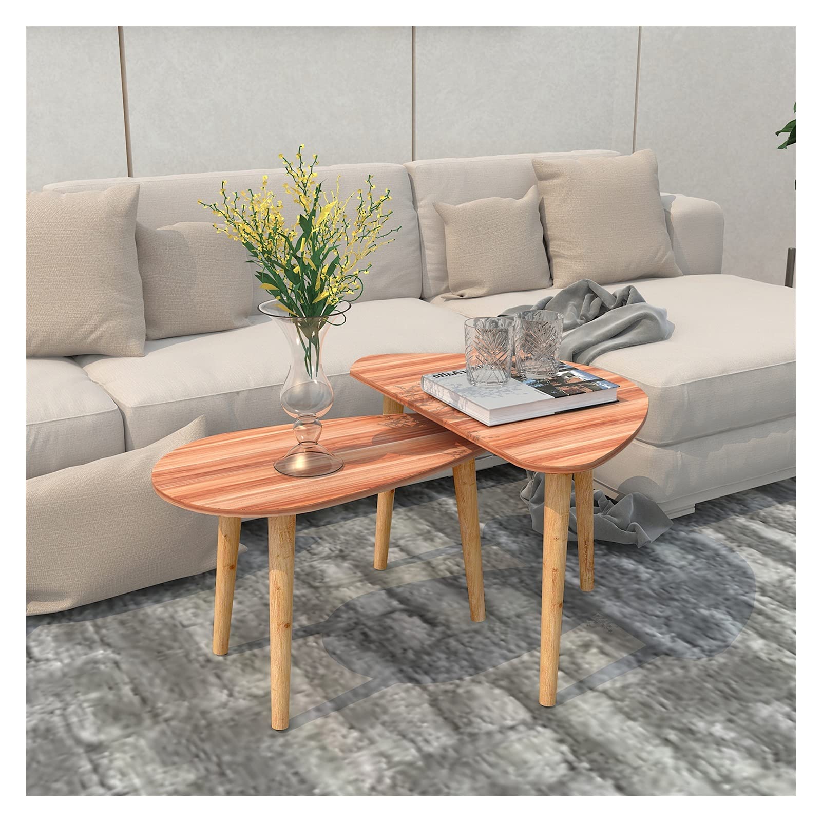 Modern Nesting Coffee Table Set of 2 - Drop Shape, Triangle & Oval Design - Contemporary Walnut Finish Side Tables for Living Room - Perfect for Small Spaces, Coffee Break & Cocktail Parties