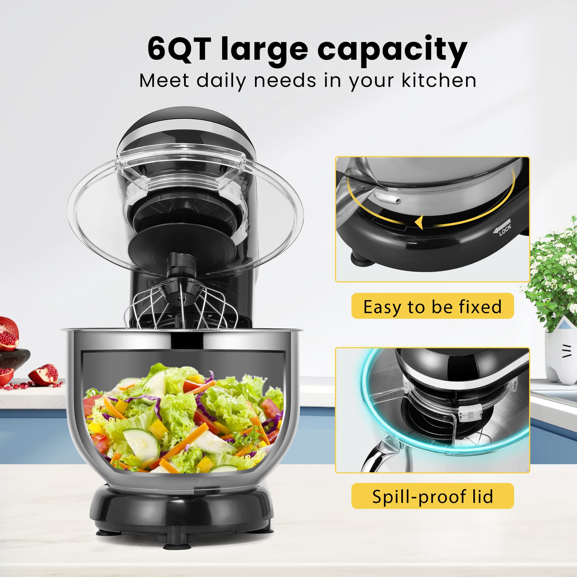 VIVOHOME 660W 10-Speed 6 Quart Tilt-Head Stand Mixer - Electric Kitchen Mixer with Beater, Dough Hook, Wire Whip & Egg Separator - Perfect for Baking Bread, Cakes, Cookies & More (Black)