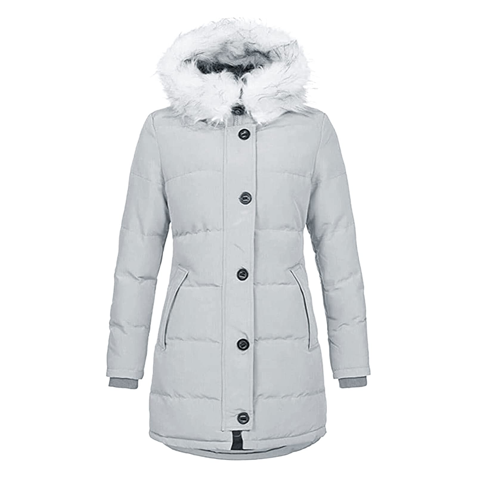 Women's Fashion Faux Fur Hooded Winter Coat with Drawstring - Fleece Lined Warm Padded Jacket with Slim Fit Zipper for Casual Outwear & Cold Weather Protection