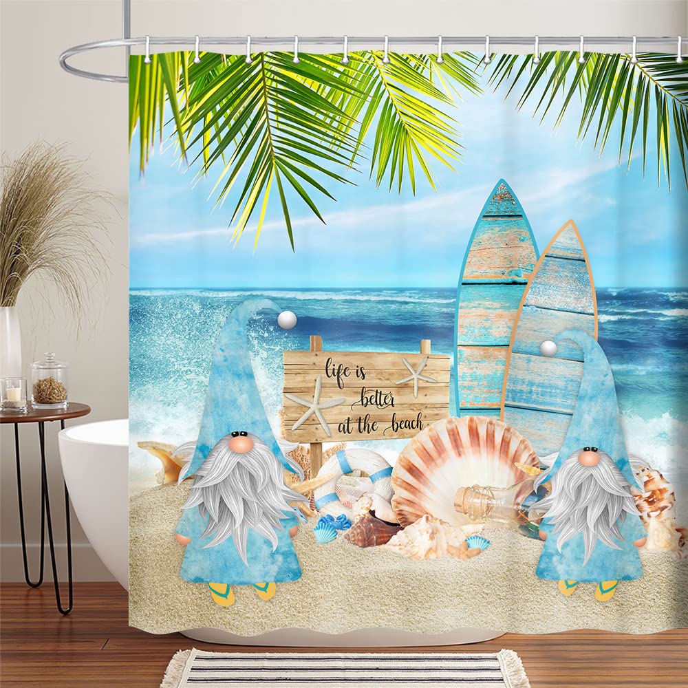 Fun Tropical Beach Shower Curtain with Surfing Gnomes - 70x70 Inch Blue Ocean Seaside Bathroom Decor for Kids & Adults - Perfect for Coastal, Vacation & Summer Themed Bathrooms