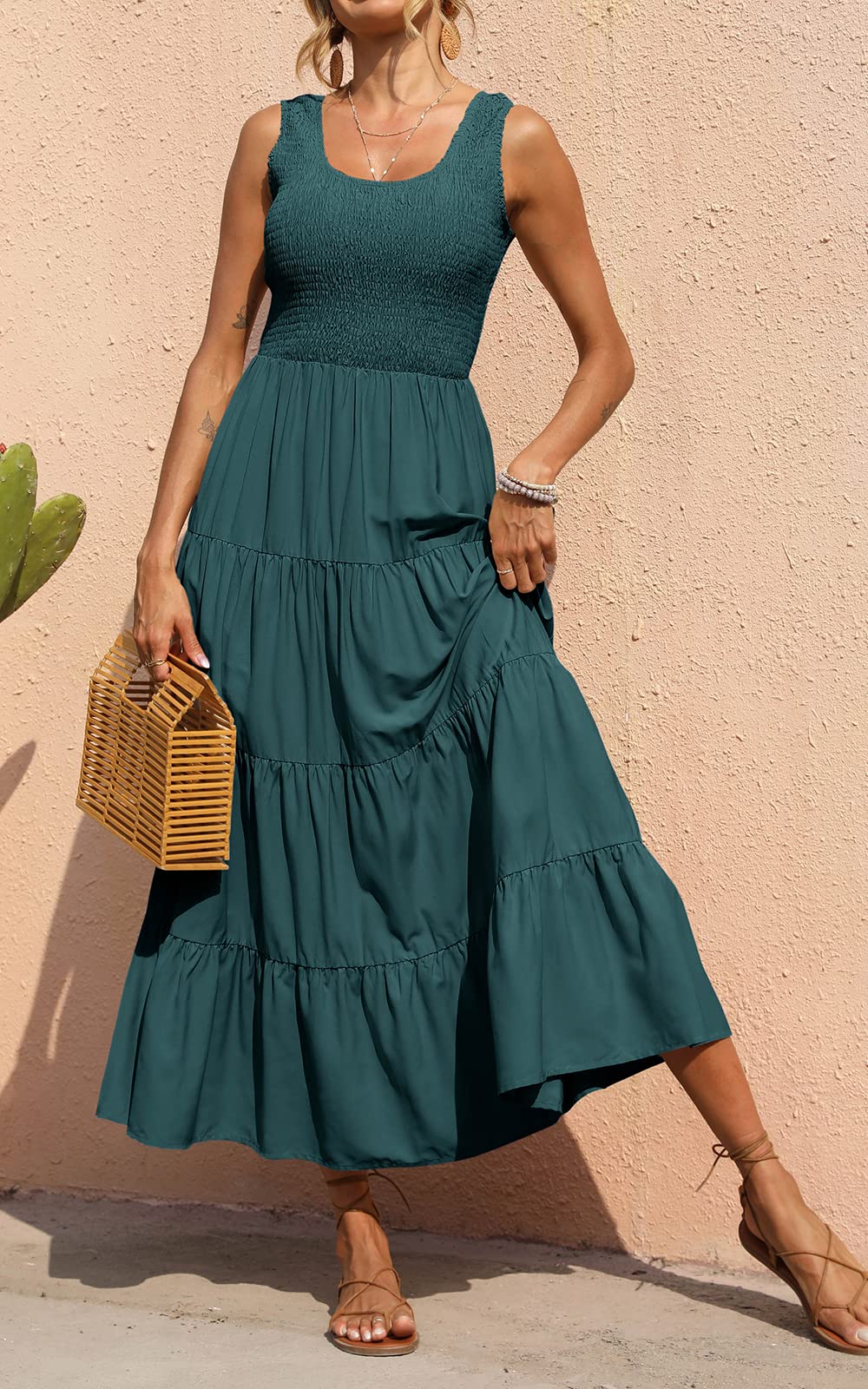 PRETTYGARDEN Women's Casual Loose Plain Maxi Sundress - Smocked Tank Dress Sleeveless Summer Beach Tiered Long Dress for Vacation, Pool Party & Outdoor Activities