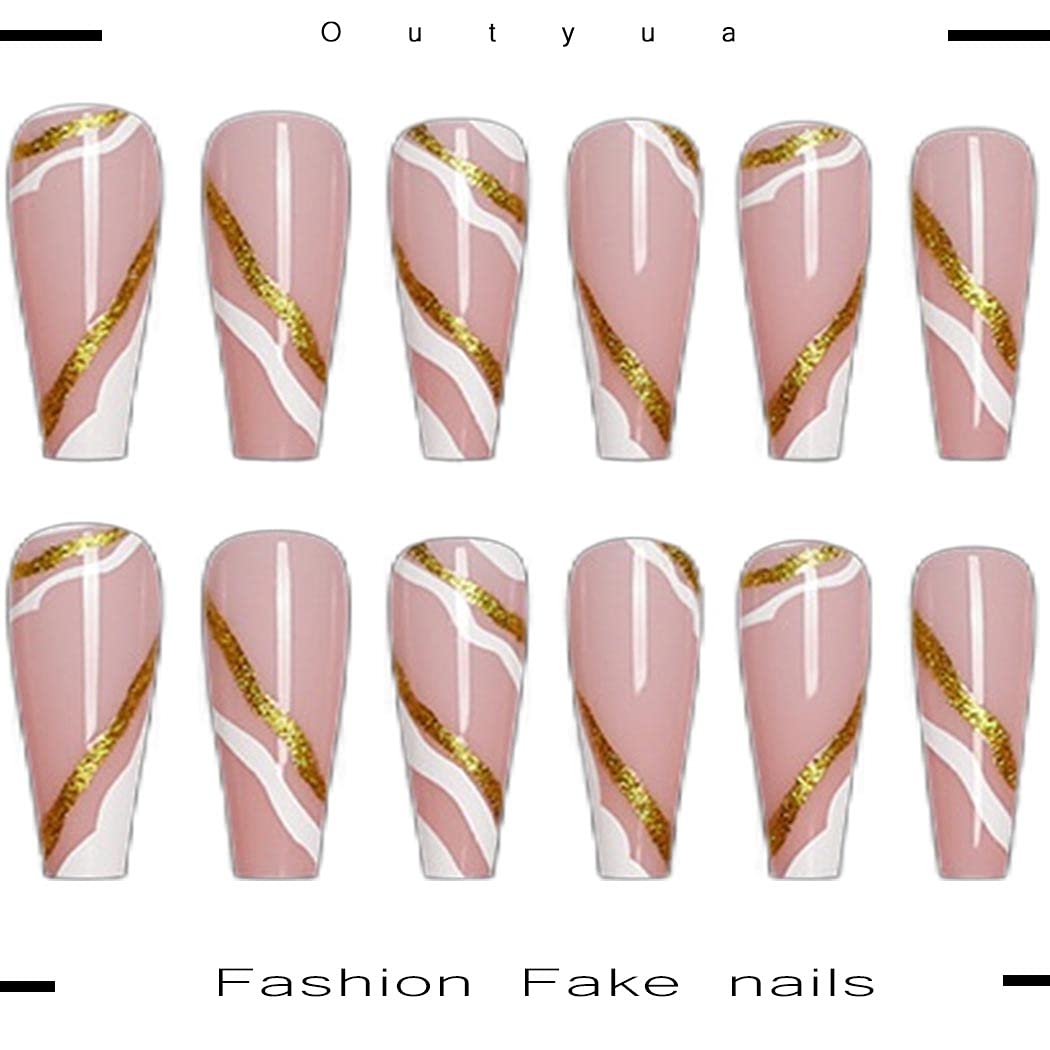 **24pcs Extra Long Coffin Press on Nails - Glossy Ballerina Fake Nails with Gold Wave Design, Acrylic Full Cover Artificial Nails for Women & Girls | Perfect for Parties, Weddings, and Special Occasions**
